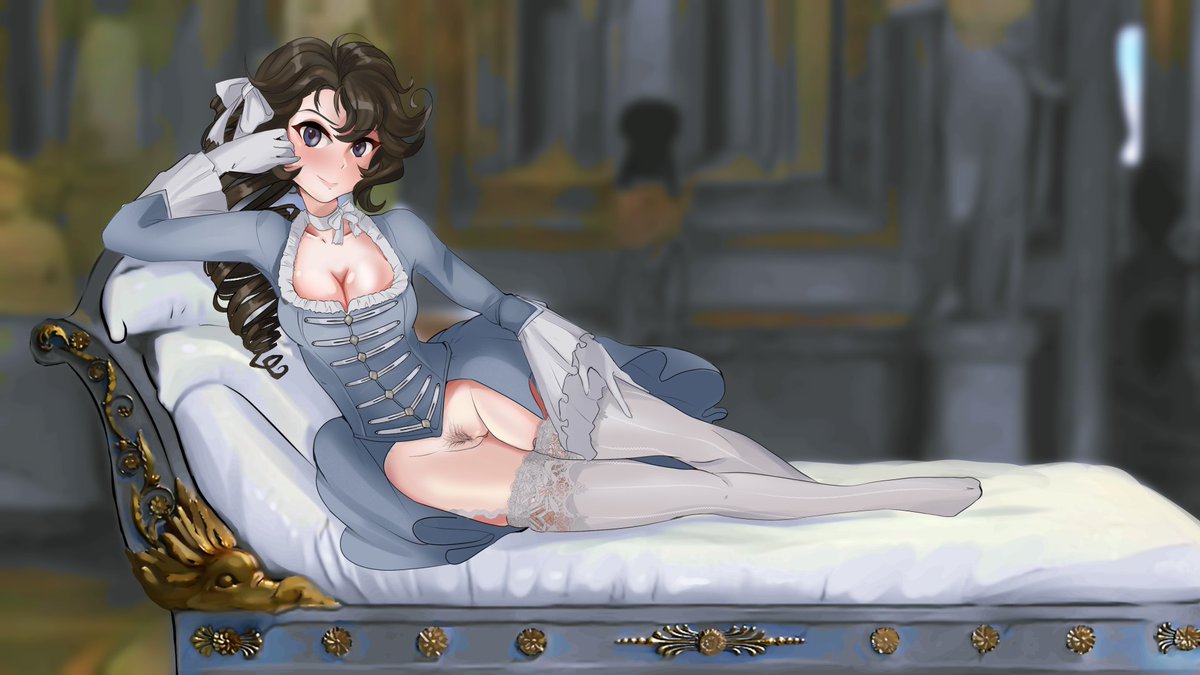 1girls banner_of_the_maid big_breasts black_hair blue_eyes breasts cleavage corset eduardo_squidwardo female female_only gloves large_breasts lingerie looking_at_viewer no_panties no_underwear on_side pauline_bonaparte pose pubes pubic_hair pussy solo stockings thick_thighs thighhighs uncensored vagina white_legwear white_thighhighs wide_hips