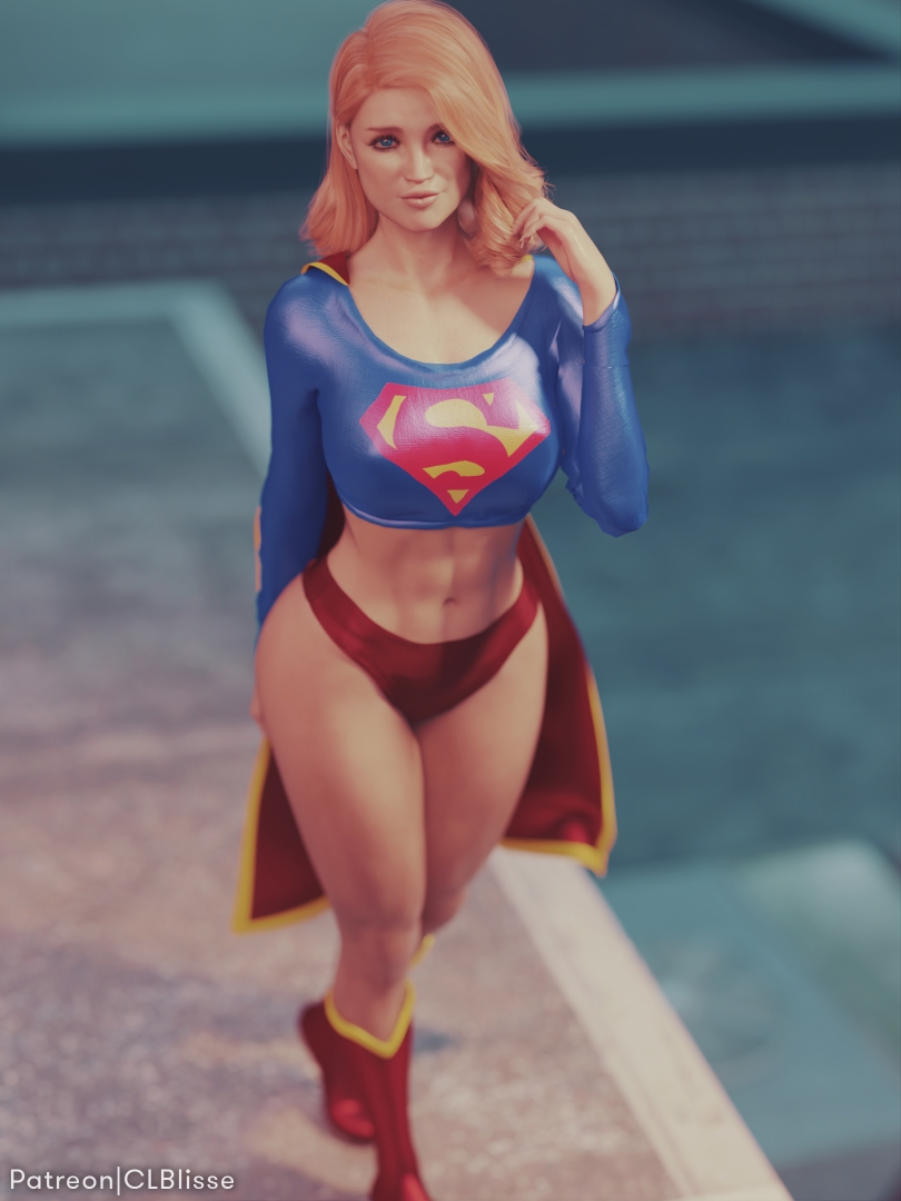 1girls 3d big_breasts big_butt blonde_hair blue_eyes clblisse dc dc_comics female female_only fully_clothed hips public solo supergirl superheroine superman_(series) thick_thighs underwear