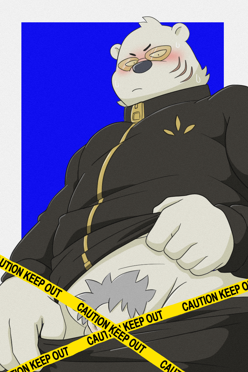 1boy 2022 anthro belly big_belly black_nose blush bodily_fluids bottomwear censored clothing genitals hi_res humanoid_genitalia humanoid_hands humanoid_penis kemono male male_only mammal odd_taxi overweight overweight_male pants penis polar_bear pubes sekiguchi_(odd_taxi) shibatanukiti small_penis solo sweat ursid ursine