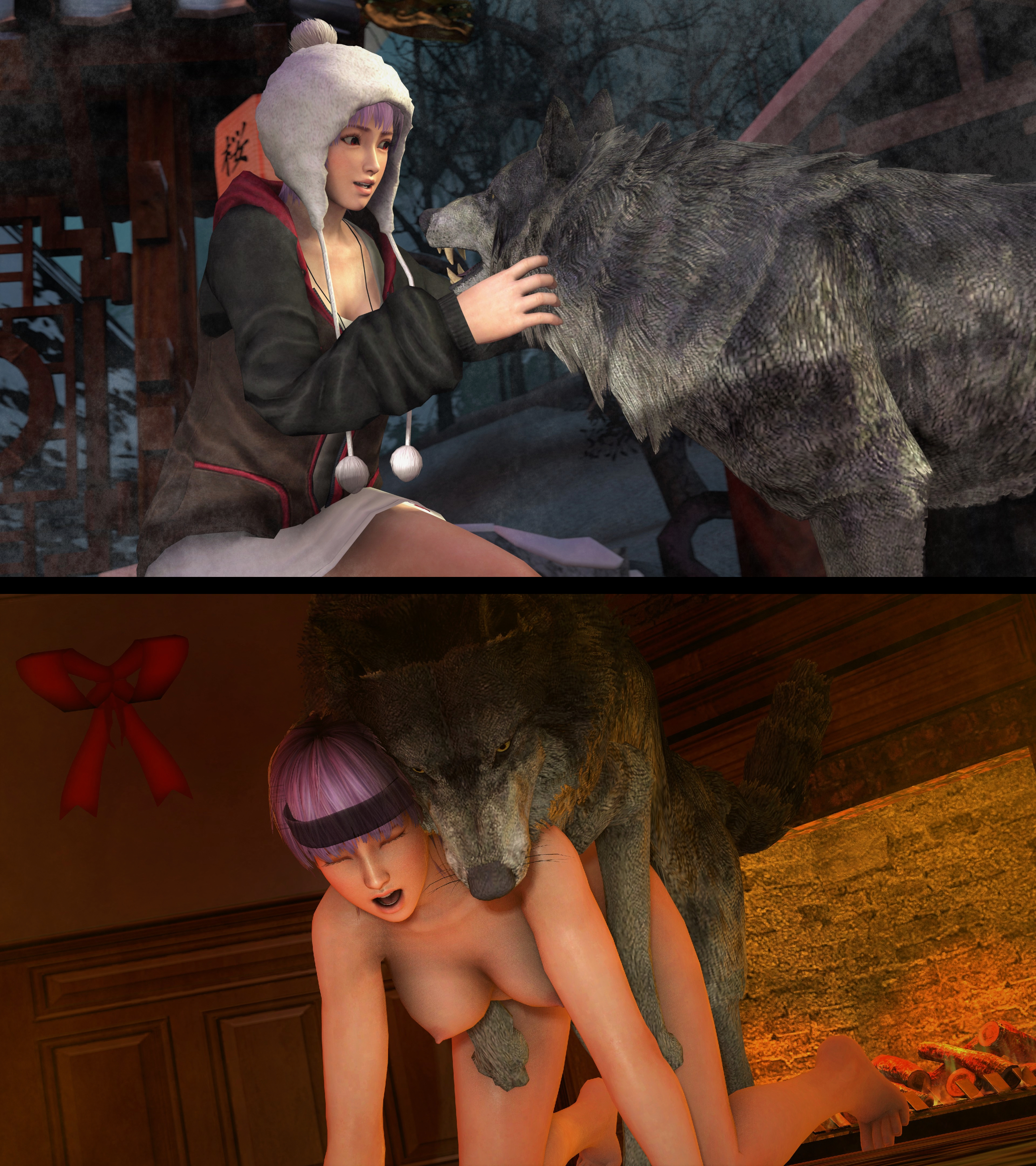 1girls, 2 panel comic, 3d, ambiguous penetration, ayane (doa), barefoot, canine, closed eyes, dead or alive, doggy style, female, female on feral, feral on female, fireplace, grey fur, headband, human on feral, inside, japanese, mktrreekky, nude, nude female, on knees, open mouth, outside, petting, purple hair, red eyes, sex, short hair, source filmmaker, two panel image, winter, wolf, zoophilia
