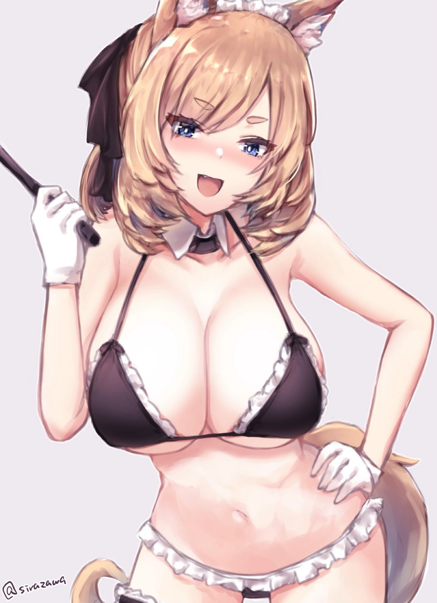 :d, animal ears, arknights, bikini, black bikini, black collar, black legwear, black ribbon, blonde hair, blue eyes, blush, bra, breasts, cleavage, collar, collarbone, commentary request, cowboy shot, detached collar, eyebrows visible through hair, eyes visible through hair, female, frilled bikini, frilled legwear, frills, gloves, grey background, hair ribbon, hand on hip, hand up, highres, holding, horse ears, horse girl, horse tail, kousi sirazawa, large breasts, looking at viewer, maid bikini, maid headdress, medium hair, midriff, navel, nose blush, oerba yun fang, open mouth, ribbon, short eyebrows, smile, solo, swimsuit, tail, thick eyebrows, thick thighs, thighhighs, thighs, twitter username, underwear, whislash (arknights), white gloves