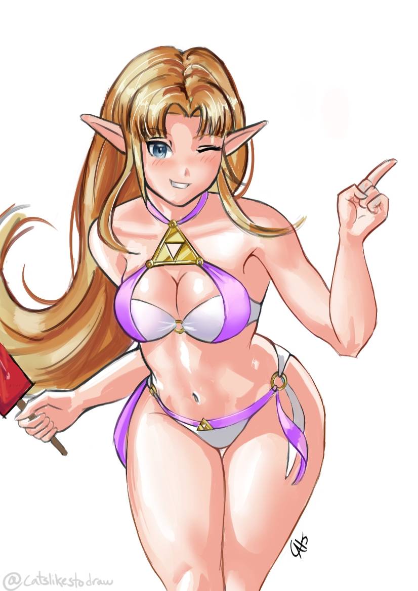 1girls, a link between worlds, bikini, blonde hair, blue eyes, breasts, catsliketodraw, cleavage, female, grin, hylian ears, leaning forward, legs, long hair, medium breasts, navel, nintendo, one eye closed, pointy ears, princess, princess zelda, smile, swimsuit, the legend of zelda, thick thighs, thighs, wink, zelda (a link between worlds)