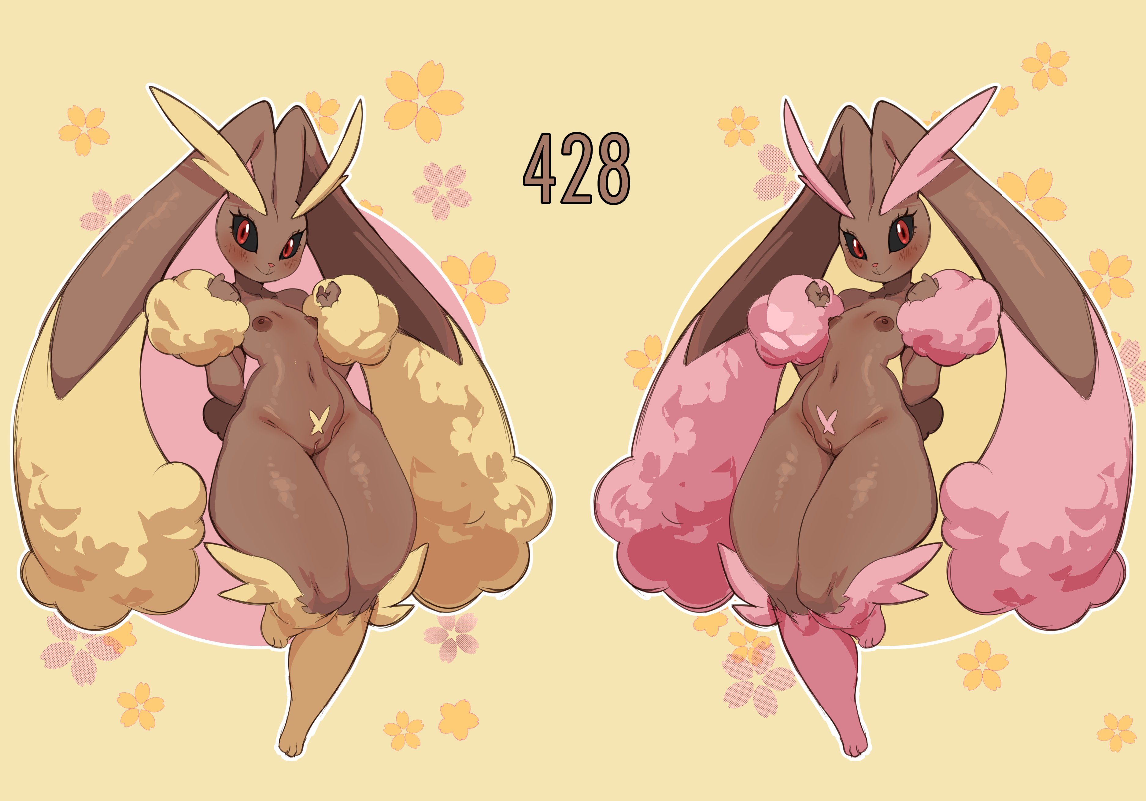 2girls, alternate color, anthro, black sclera, bottom heavy, breasts, brown body, brown fur, duo, female, female only, fur, furry, furry only, lagomorph, lagomorph humanoid, lightsource, long ears, long eyebrows, looking at viewer, lopunny, nintendo, pokémon (species), pokemon, pokemon (species), pussy, red eyes, shiny lopunny, shiny pokemon, small breasts, smiling, tail, thick thighs