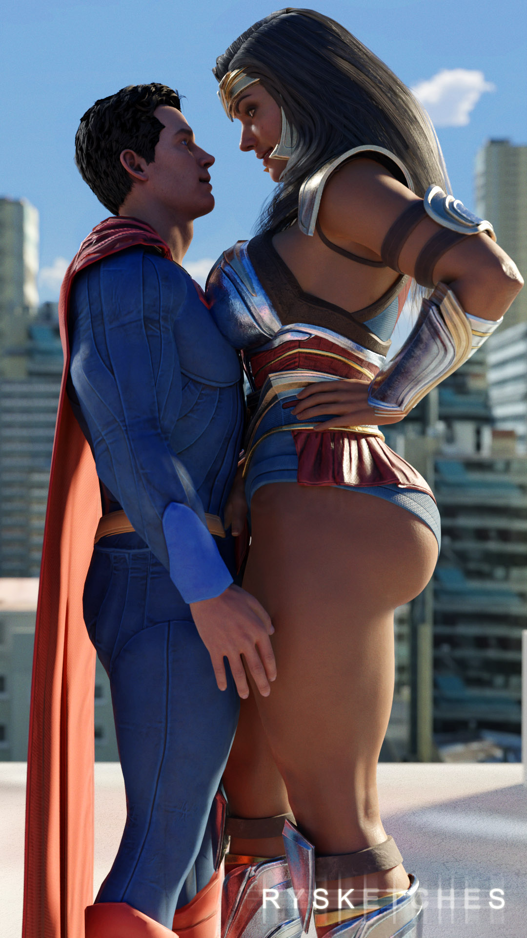 1boy, 1girls, 3d, 3d (artwork), ass, big ass, big breasts, breasts, clark kent, dc, dc comics, diana prince, different ass sizes, female, height difference, injustice 2, kal-el, larger female, looking at each other, male, olive skin, pressing bodies together, rysketches, sexually dimorphic butts, size difference, smaller male, standing, straight, superman, superman (clark kent), superman (series), taller female, wonder woman, wonder woman (series)