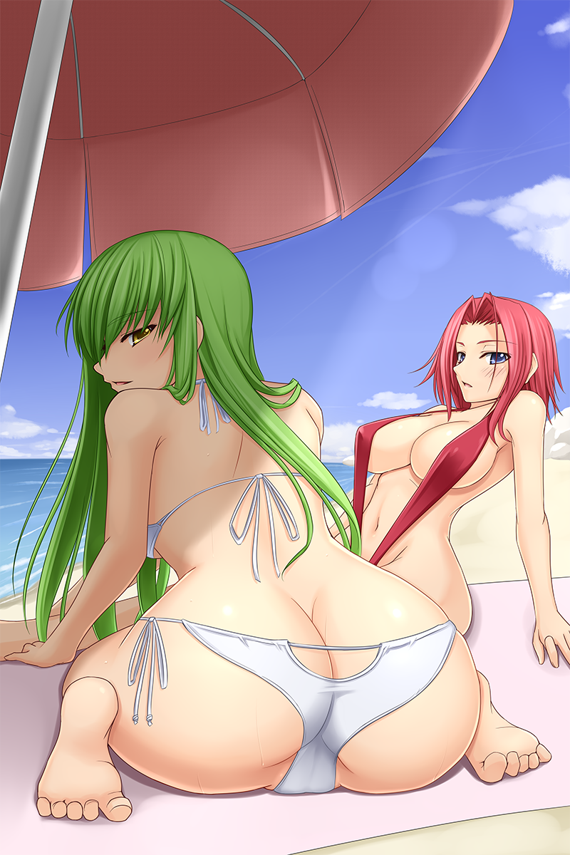 2girls akitsuki_karasu ass ass_cleavage butt_crack c.c. code_geass female female_only kallen_stadtfeld multiple_girls tagme