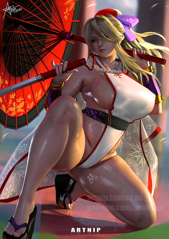 1girl 1girls artnip breasts female female_only large_breasts okobo one-piece_swimsuit parasol setsuka sideboob solo soul_calibur sword