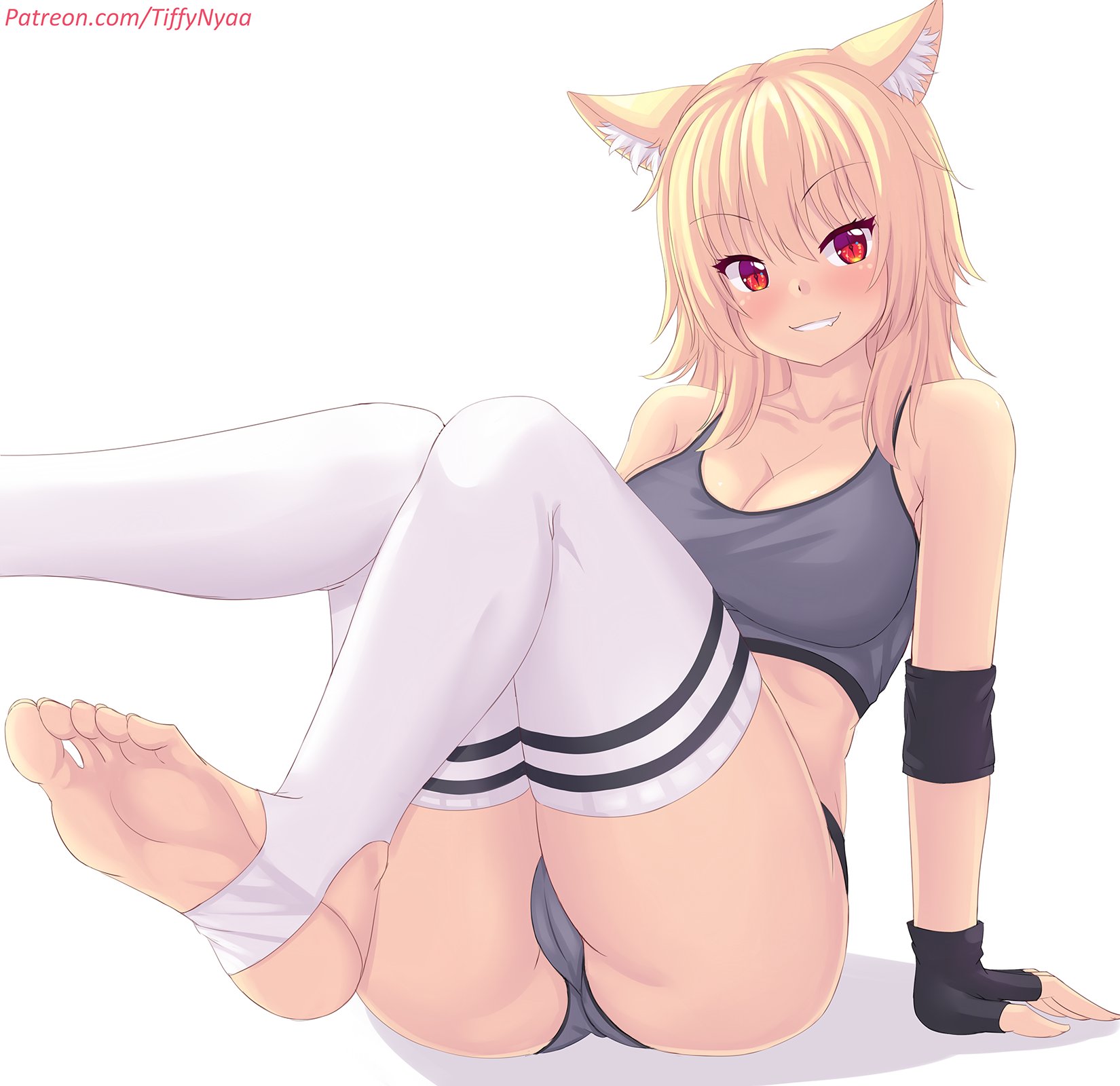 animal ears, ass, blonde hair, blush, bra, breasts, cameltoe, cleavage, female, fingerless gloves, gloves, grey bra, grey panties, looking at viewer, original, panties, pussy, red eyes, sitting, sports bra, sportswear, tagme, thighhighs, thighs, tiffy, tiffynyaa, toeless socks