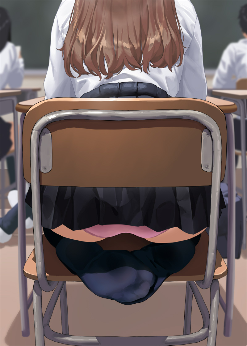 classroom desk female kaisen_chuui panties panty_peek pantyshot pantyshot_(kneeling) pink_panties school_uniform schoolgirl skirt socks tagme upskirt