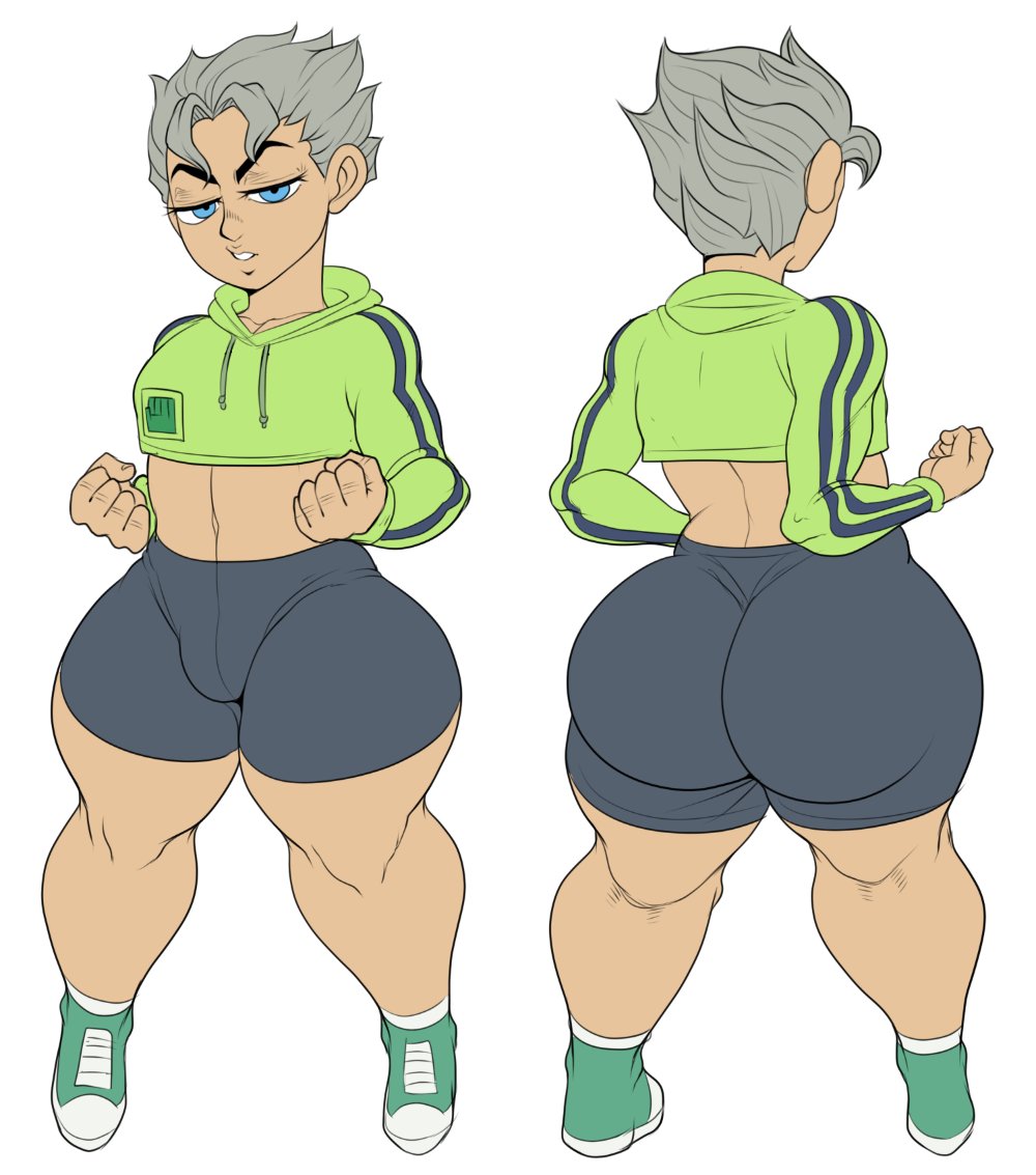 1boy ass big_ass big_butt blue_eyes bottom_heavy bottom_heavy_femboy bulge_through_clothing cropped_hoodie detnox diamond_is_unbreakable femboy girly jojo's_bizarre_adventure koichi_hirose male male_only short_shorts solo thick_thighs trap white_hair