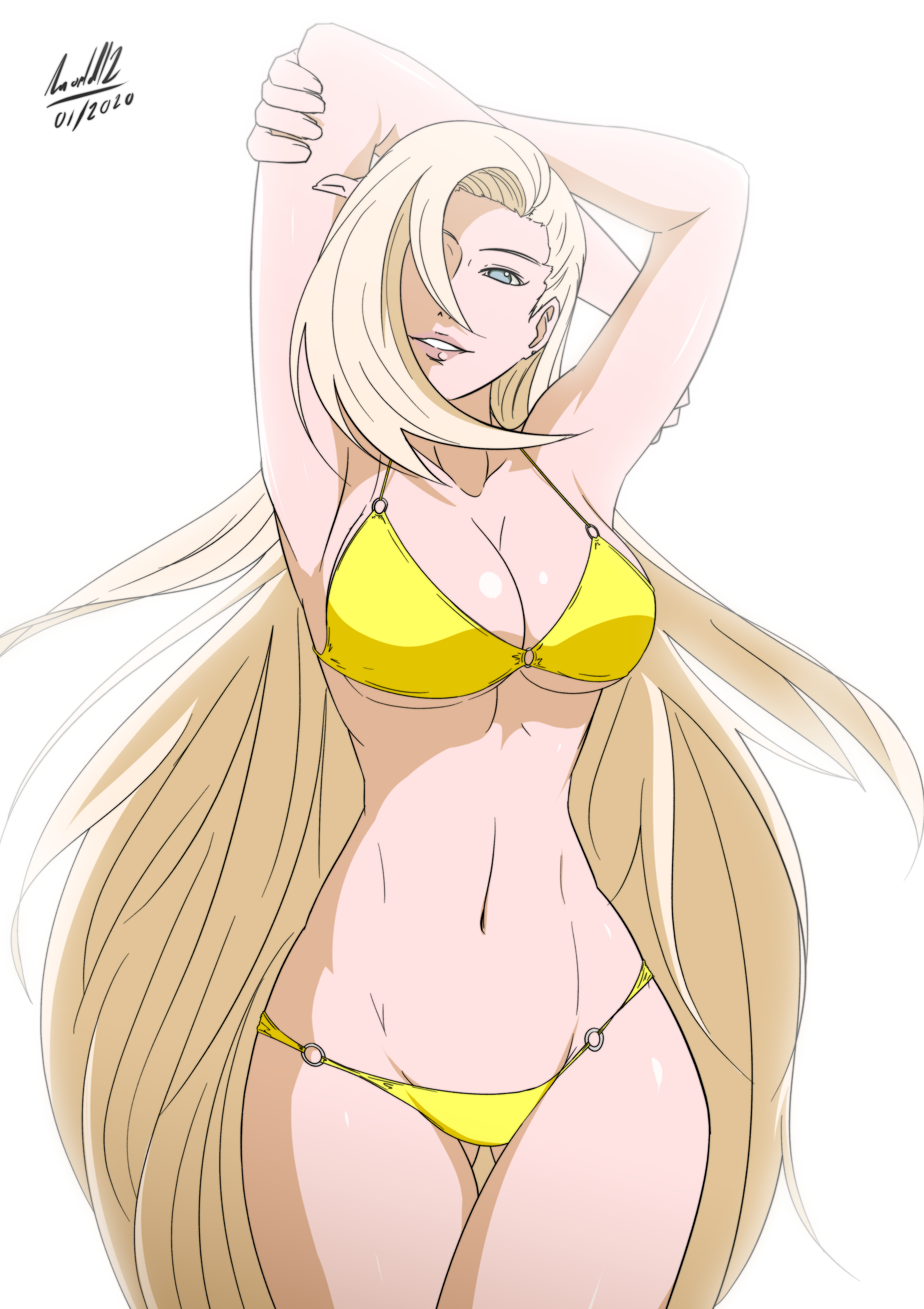 1girls, 2020, arms behind head, arms over head, arms up, ass visible through thighs, big breasts, bikini, blonde hair, blue eyes, breasts, busty, cleavage, crossed arms, curvaceous, dated, female, female only, fully clothed, hair down, hair over one eye, ino yamanaka, legs together, lipstick, long hair, looking at viewer, loose hair, makeup, midriff, naruto, naruto (series), naruto shippuden, naruto: the last, nworld12, parted lips, pinup, revealing clothes, slim waist, solo, swimsuit, very long hair, wide hips, yellow bikini, yellow swimsuit