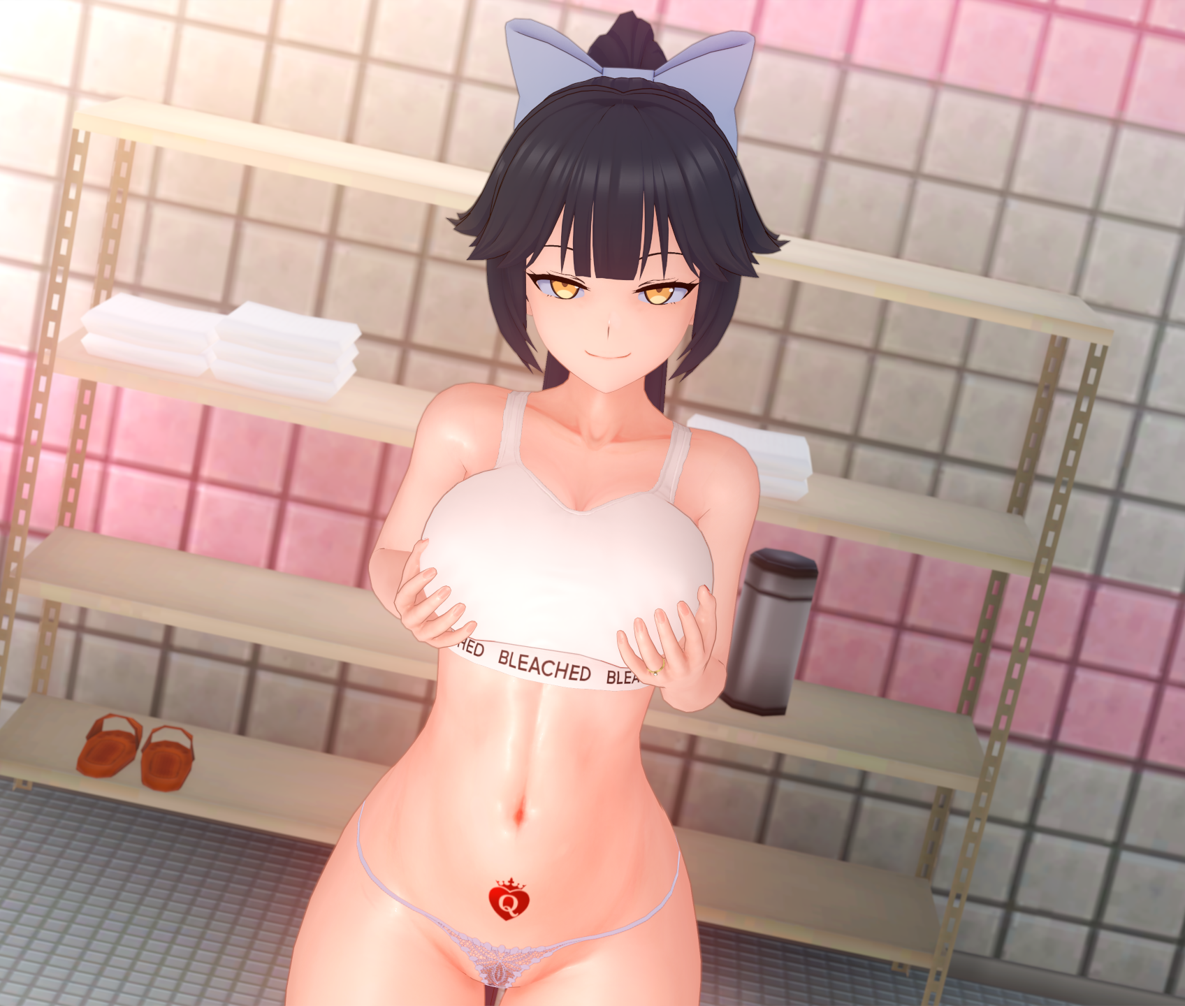 1girls, 3d, animal ears, azur lane, bangs, big penis, black hair, bleached, bra, breasts, female, gold eyes, hair ribbon, heart tattoo, koikatsu, large breasts, light skin, light-skinned female, male, navel, pale skin, pale-skinned female, penis, ponytail, pubic tattoo, queen of hearts, ring, smile, solo, sports bra, takao (azur lane), tattoo, text on clothing, wedding ring, white underwear, wide hips