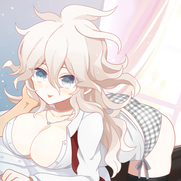 1girls, bangs, big breasts, black thighhighs, blush, blush lines, breasts, cleavage, collar, collarbone, danganronpa, danganronpa 2: goodbye despair, digital media (artwork), eye contact, female, female focus, gender transformation, genderswap, genderswap (mtf), grey eyes, jewelry, koseiya, lace-trimmed panties, large breasts, light skin, light-skinned female, long hair, looking at viewer, messy hair, nagito komaeda, no bra, open clothes, open shirt, pale skin, pale-skinned female, panties, pattern clothing, pattern underwear, pov, pov eye contact, ribbons, rule 63, see-through, shirt, sole female, solo, solo female, solo focus, straight hair, thighhighs, tongue, tongue out, transformation, unbuttoned, unbuttoned shirt, underwear, white hair, white shirt