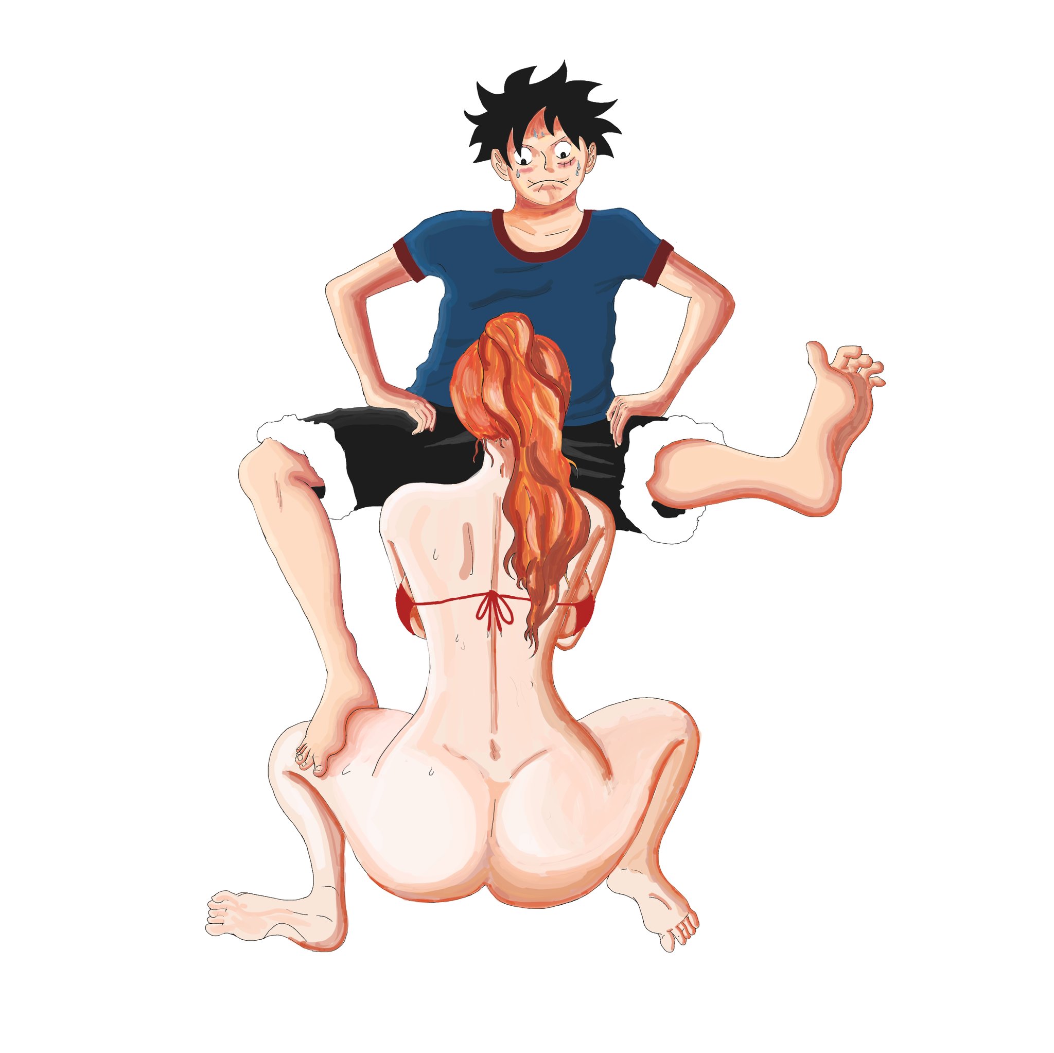 1boy, 1girls, ass, back view, big ass, bikini top, black hair, black-haired male, blush, bottomless, clothed male, crouching, curvy, fellatio, female, foot on thigh, functionally nude female, implied fellatio, implied oral, leg up, light skin, light-skinned female, long hair, male, monkey d luffy, nami (one piece), nervous face, one piece, oral, oral sex, orange hair, orange-haired female, ponytail, post-timeskip, rodrigobaez2331, scar, shirt, short hair, shorts, sitting, sweat, voluptuous