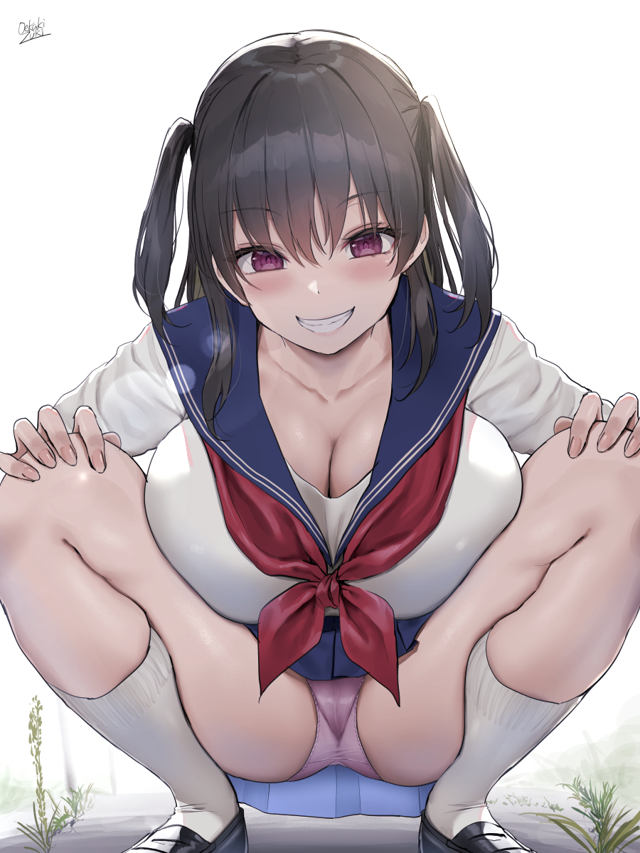 1girls, 2022, artist signature, breasts, brown hair, cleavage, female, female only, huge breasts, long hair, looking at viewer, naughty face, oekakizuki, original, original character, panties, red eyes, sailor collar, sailor uniform, school uniform, schoolgirl, spread legs, squatting