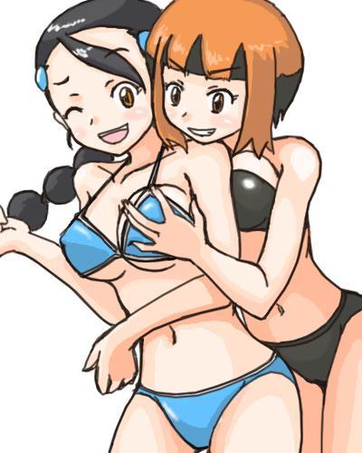 2girls, bikini, black bikini, black hair, black swimsuit, black swimwear, blue bikini, blue swimsuit, blue swimwear, candice (pokemon), female, female only, gardenia (pokemon), gym leader, long black hair, multiple girls, orange hair, pokemon, pokemon dppt, short hair, short orange hair, swimsuit, swimwear