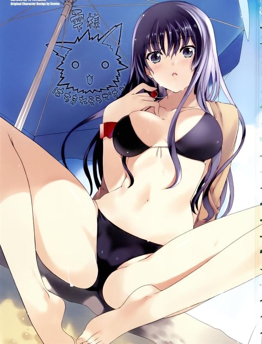 bikini black_bikini black_hair blush kampfer official_art sangou_shizuku swimsuit umbrella