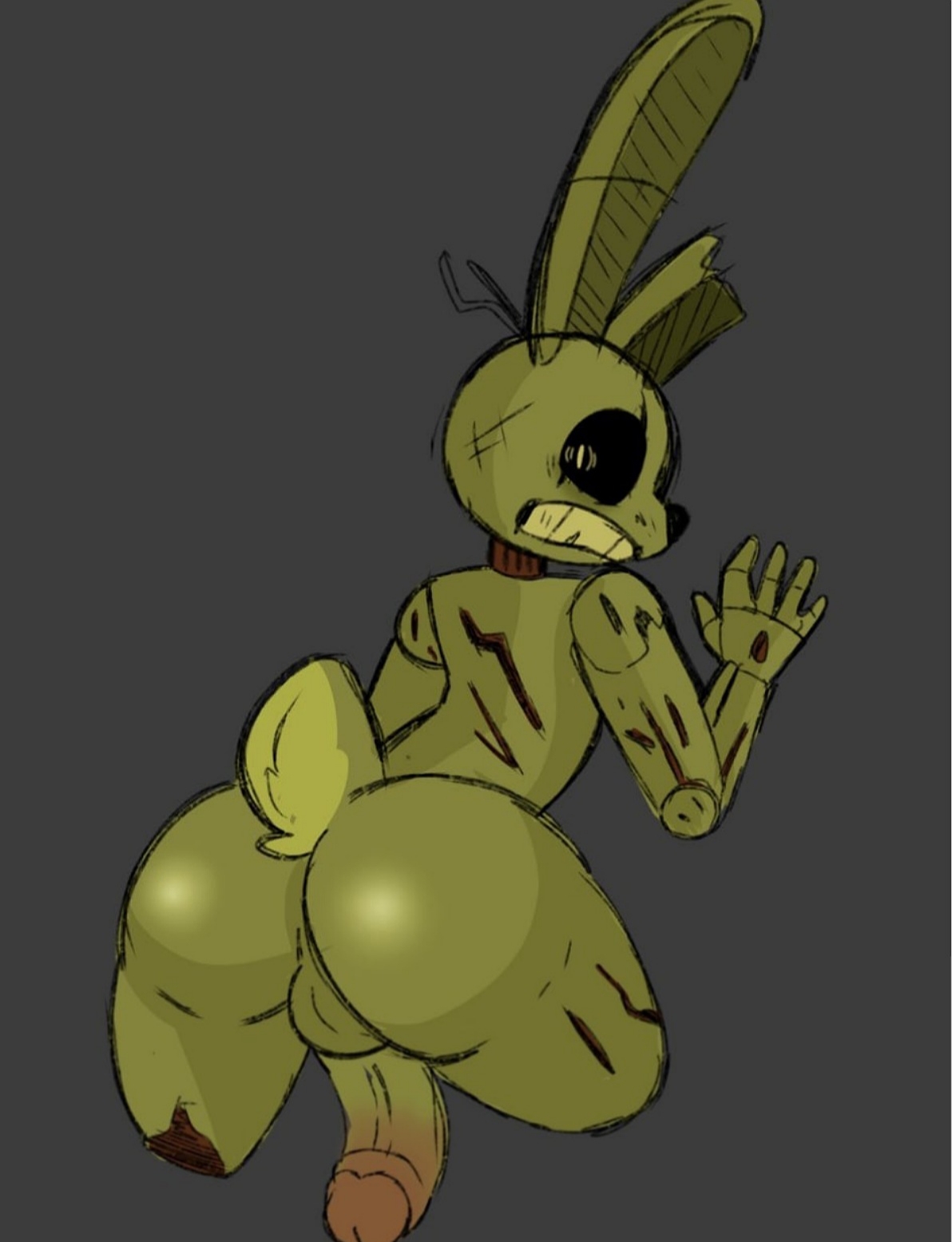 animatronic, anthro, ass, balls, dark eyes, dick, erection, five nights at freddy's, five nights at freddy's 3, fnaf, gay, green body, looking back, male, male only, nervous, penis, presenting ass, rabbit, sketchssketchs, solo, solo male, springtrap, springtrap (fnaf)