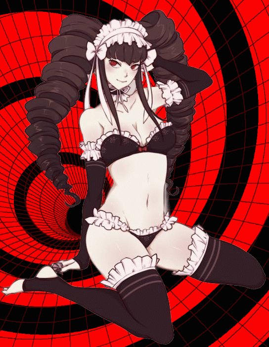 1girls, artist request, bikini, bikini bottom, bikini top, black bikini, black hair, celestia ludenberg, cleavage, danganronpa, danganronpa 1, danganronpa: trigger happy havoc, female, female only, goth, goth girl, gothic, gothic lolita, hand on head, light skin, light-skinned female, long hair, lowres, pale skin, pale-skinned female, posing, red eyes, revealing clothes, sole female, stockings, straight hair, tagme