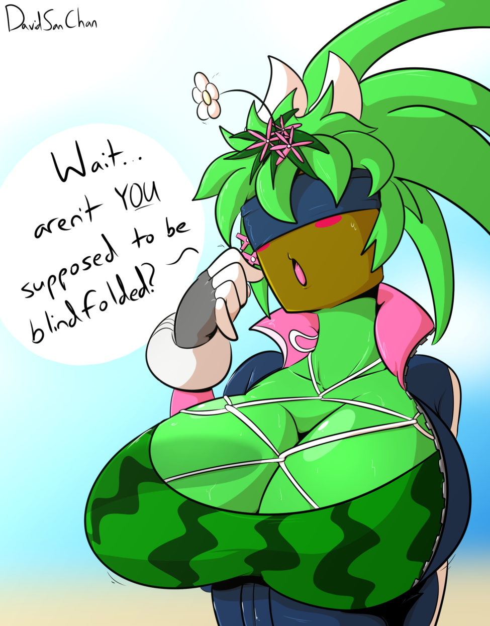 2019 blaster_master blaster_master_zero_2 blindfold blush cleavage davidsanchan female female_only flower flower_in_hair green_hair huge_breasts kanna_(blaster_master) plantie text text_bubble watermelon_bra