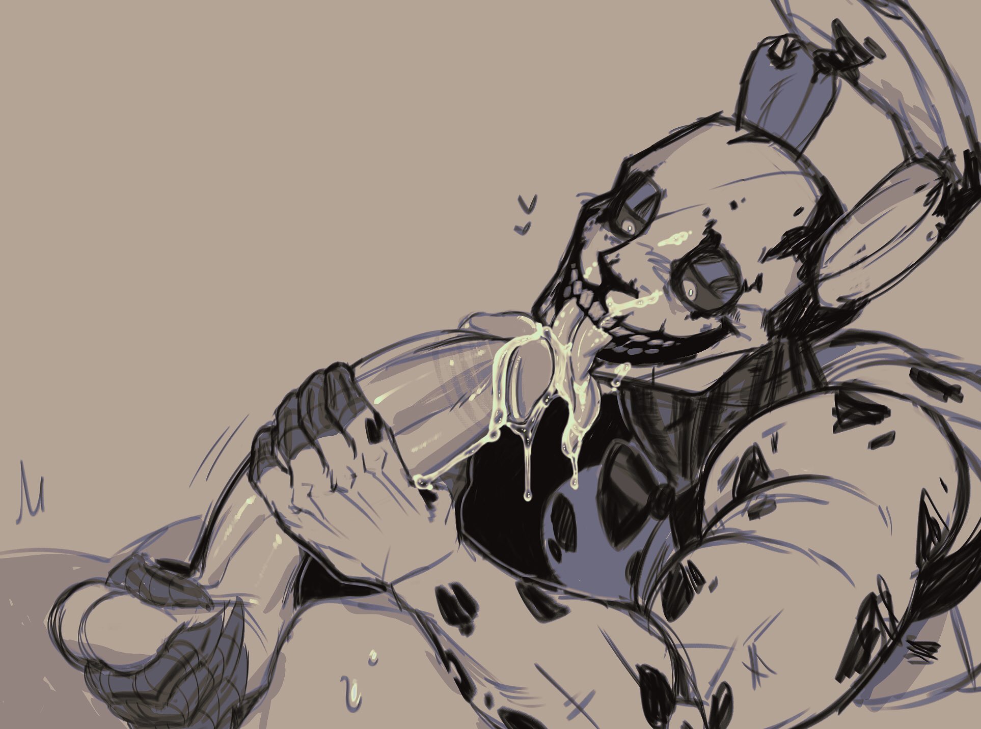 2boys, animatronic, anthro, balls, cum on face, dark eyes, dick, ejaculation, erection, fellatio, five nights at freddy's, five nights at freddy's 3, fnaf, gay, handjob, long tongue, male, male only, male/male, monochrome, penis, pervert, rabbit, ruinh00d, scars, smile, springtrap, springtrap (fnaf), sweat