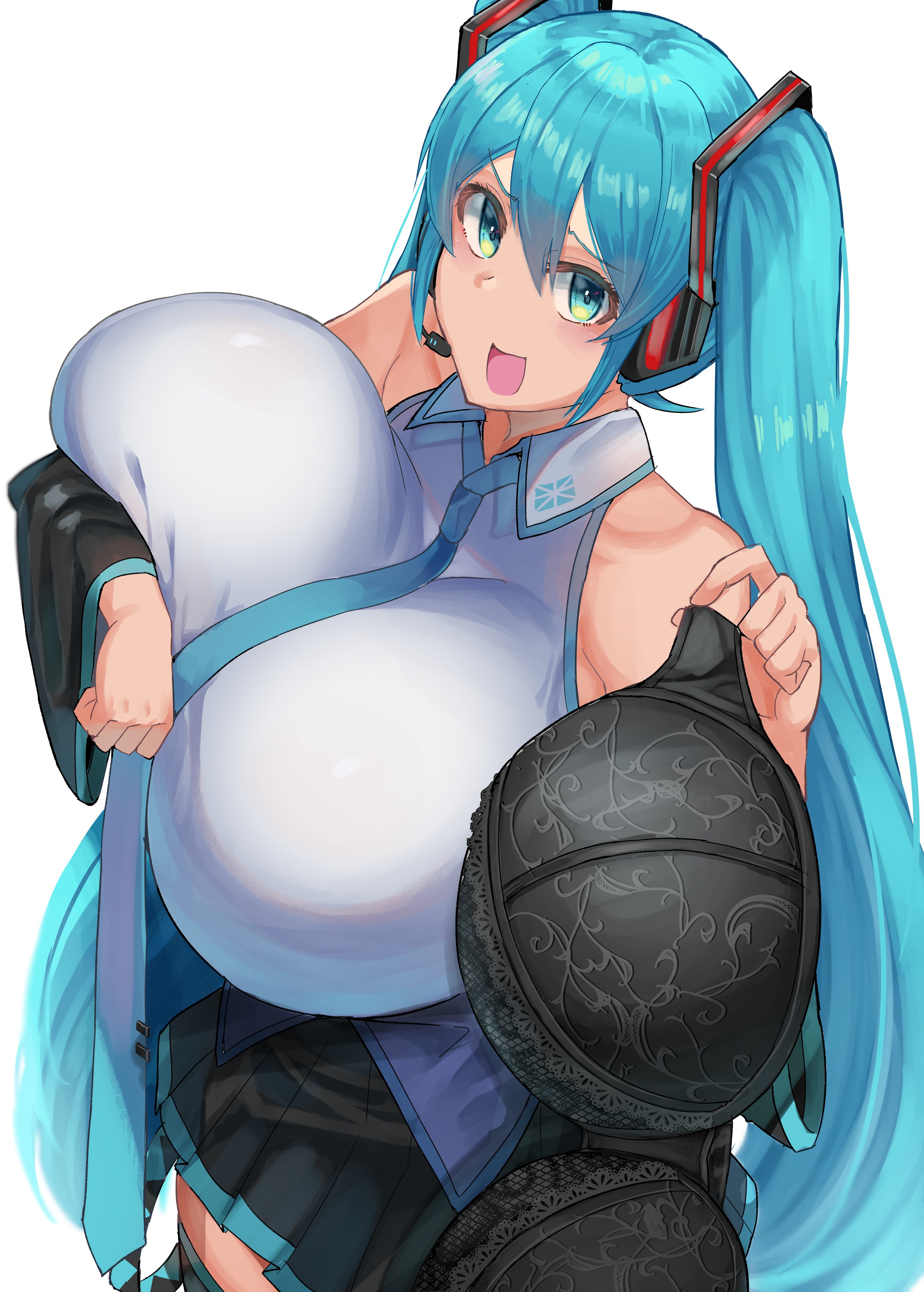 1girl, 1girls, alternate breast size, aqua eyes, aqua hair, black bra, blue hair, bra, bra removed, braless, breasts, detached sleeves, facominn, female, gigantic breasts, hatsune miku, headphones, headset, holding, holding bra, holding breast, holding clothes, holding underwear, huge breasts, lace trim, large breasts, light skin, light-skinned female, long hair, looking at viewer, necktie, open mouth, pigtails, simple background, skirt, smile, solo, tease, thighhighs, twintails, underwear, undressed, very long hair, vocaloid, white background