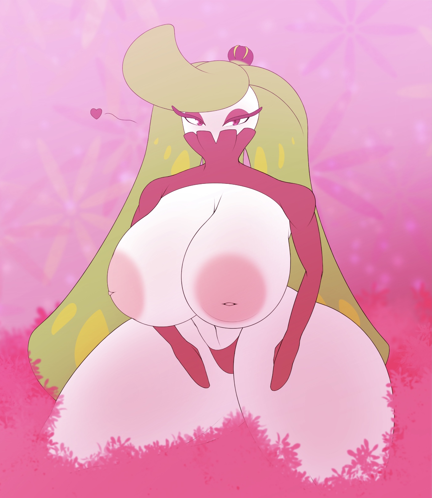 areolae, blush, breasts, dragonbreaker, eyelashes, female, flora fauna, green hair, hand on leg, huge breasts, inverted nipples, looking at viewer, nintendo, no humans, pink eyes, pink theme, plant, pokémon (species), pokemon, pokemon (species), pokemon sm, seductive, sitting, thick thighs, thong panties, tsareena, white skin