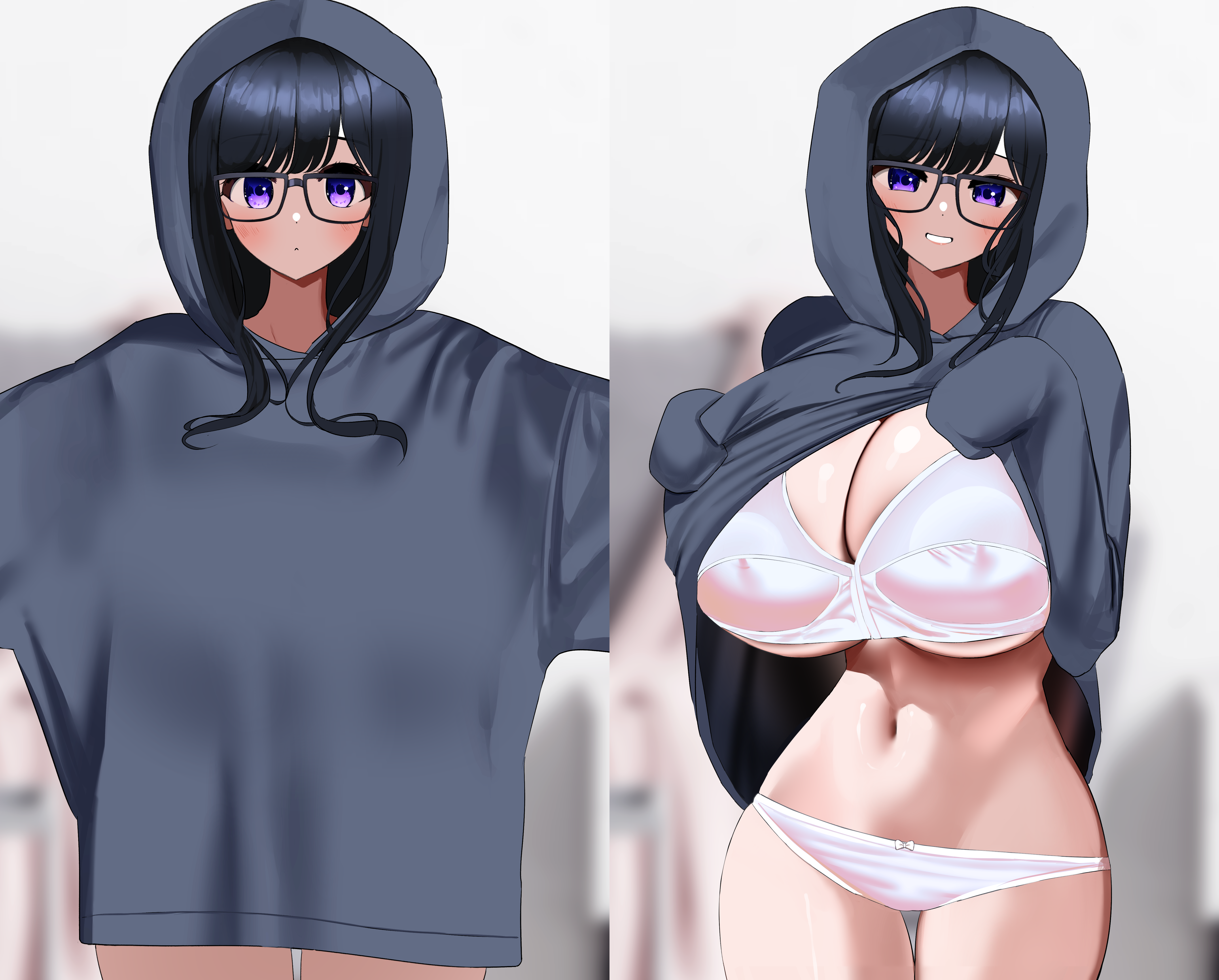 1girls, 2022, absurdres, bangs, black hair, black-framed eyewear, blurry, blurry background, blush, bra, breasts, cleavage, closed mouth, covered nipples, cowboy shot, depth of field, eyebrows visible through hair, female, female focus, female only, glasses, grey hoodie, highres, hood, hood up, hoodie, huge breasts, long hair, long sleeves, looking at viewer, multiple views, navel, nicorima, no pants, original, outstretched arms, oversized clothes, oversized shirt, panties, purple eyes, sleeves past fingers, sleeves past wrists, solo, solo female, stomach, underwear, white bra, white panties