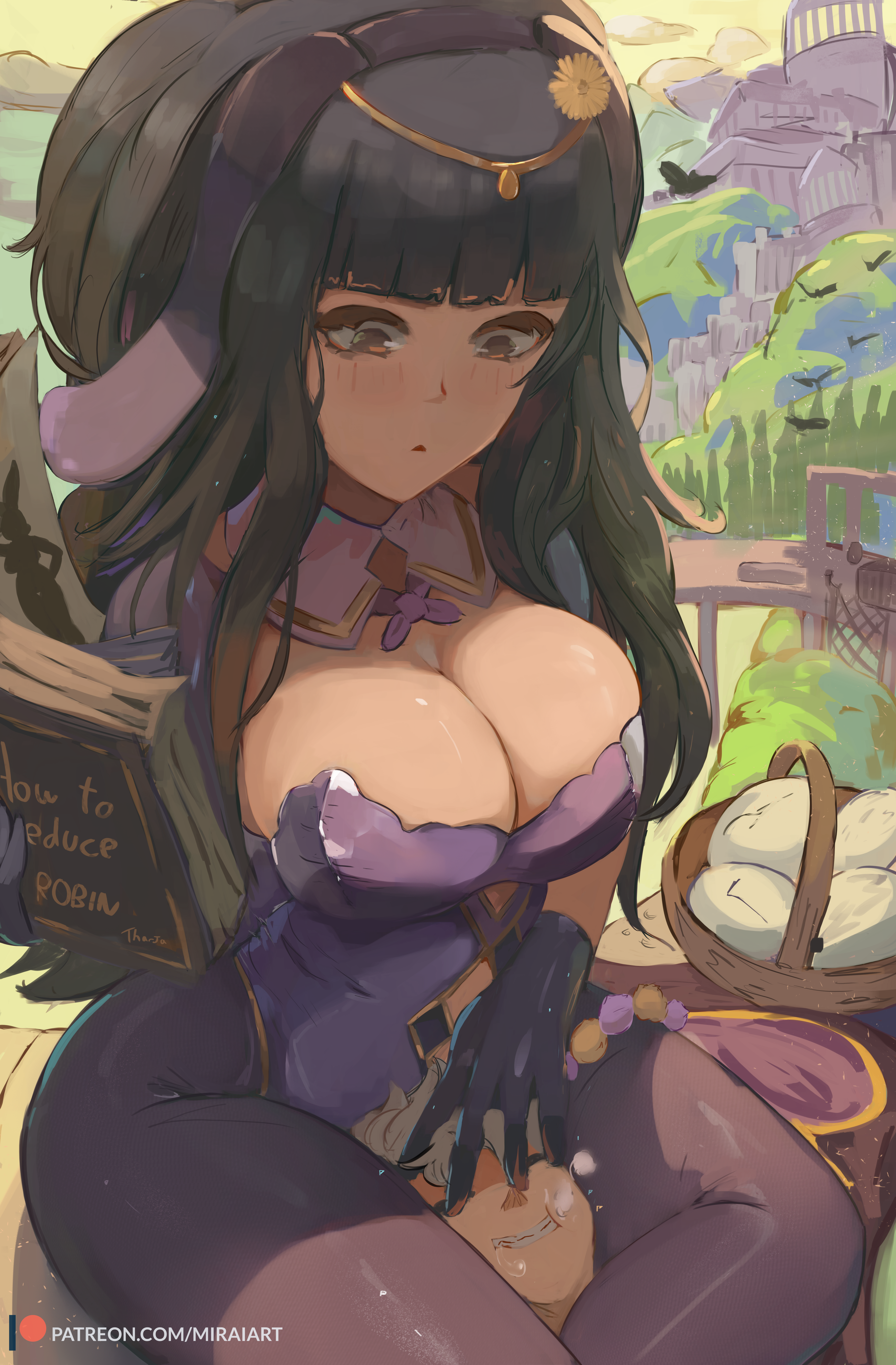 1boy, 1girls, 2022, absurd res, alternate costume, animal ears, artist signature, bangs, basket, black gloves, black hair, black legwear, blunt bangs, blush, book, breasts, bunny girl, bunnysuit, circlet, cleavage, detached collar, fake animal ears, female, fire emblem, fire emblem awakening, fire emblem heroes, gloves, grey eyes, hairband, head between thighs, highleg, highleg leotard, hips, huge breasts, large breasts, leotard, long hair, male, miraihikari, nintendo, official alternate costume, outdoors, pantyhose, parted lips, playboy bunny, purple leotard, robin (fire emblem), robin (fire emblem) (male), sidelocks, slim waist, tharja (fire emblem), thick thighs, thigh squish, thighs, tights, two side up, wide hips