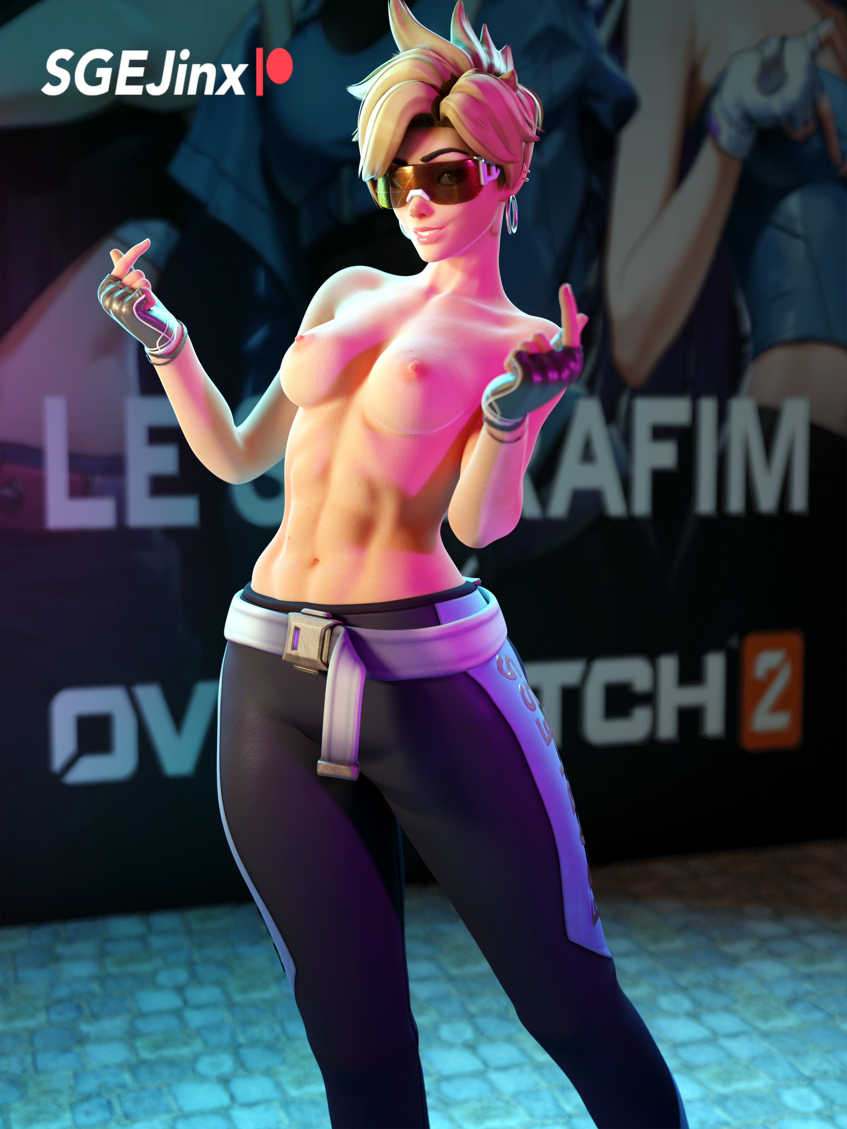 1girls, 3d, adapted costume, alternative costume, antifragile traysi, artist name, bangs, belt, black gloves, black pants, blender, blender (software), blender cycles, blonde hair, blurry, bracelet, breasts, buckle, character name, chest harness, choker, clothing, crop top, depth of field, earrings, english language, eyewear on head, female, female only, fingerless gloves, footwear, gloves, goggles, gun, hand on hip, hands up, harness, headphones, headwear, high resolution, jewelry, kpop, large breasts, le sserafim, looking at viewer, looking over eyewear, medium breasts, midriff, multicolored hair, muscles, nail polish, navel, nipples, no shirt, orange-tinted eyewear, overwatch, overwatch 2, pants, parted lips, patreon username, sgejinx (artist), shirt, short hair, smile, solo, sunglasses, swept bangs, text, thighs, tinted eyewear, tits out, topless, tracer, two-tone hair, very high resolution, weapon, zoom layer