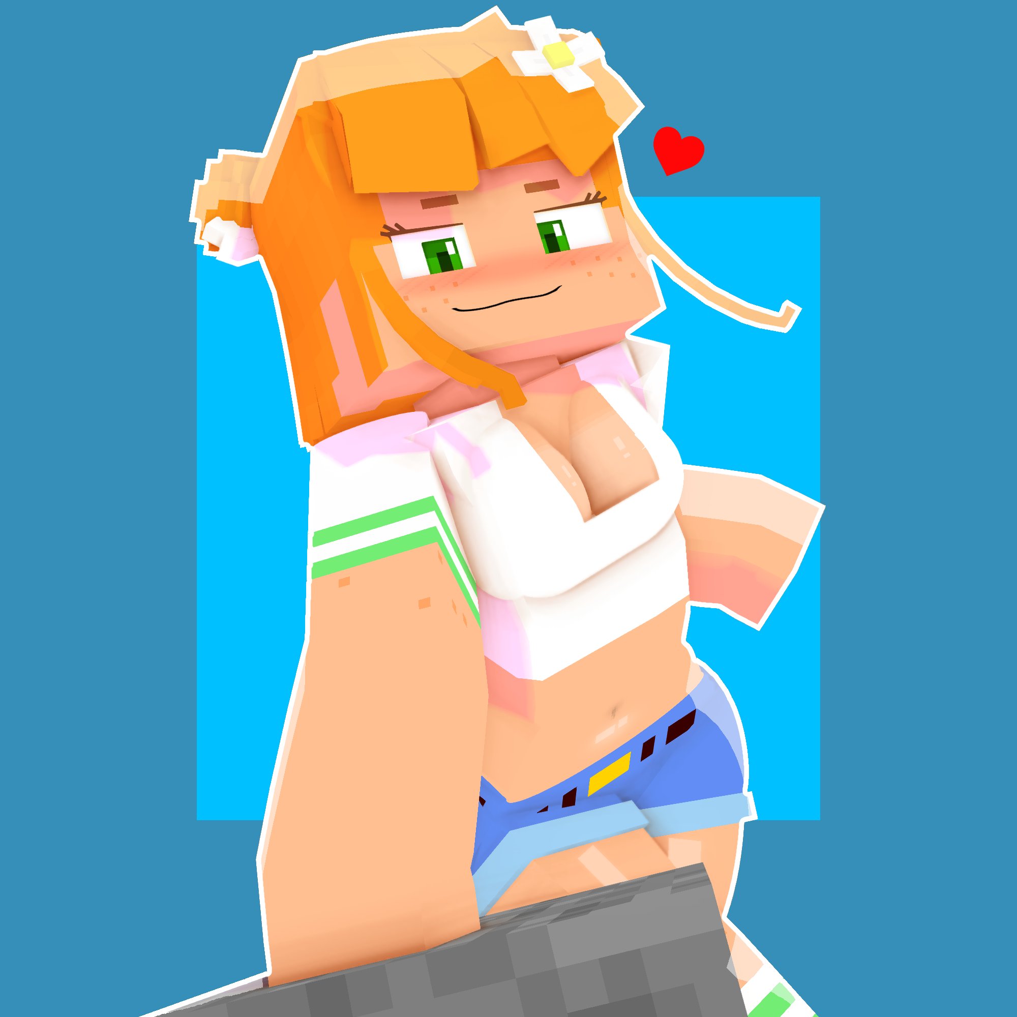 1:1, 1girls, 3d, 3d (artwork), amber green (slipperyt), areola, areolae, ass, bangs, belly, big ass, big breasts, blue background, blush, breasts, breasts out, clothed, clothing, crop top, curvaceous, curvy, eyelashes, female, female only, flower, flower in hair, freckles, ginger, green eyes, hair, hair bun, hair ornament, half-closed eyes, heart, hi res, highres, horny female, humanoid, large breasts, light skin, light-skinned female, long hair, looking at viewer, mine-imator, minecraft, navel, nipples, orange hair, outside, shorts, simple background, slipperyt, smile, socks, solo, solo female, standing, tagme, thick thighs, thighs, wide hips