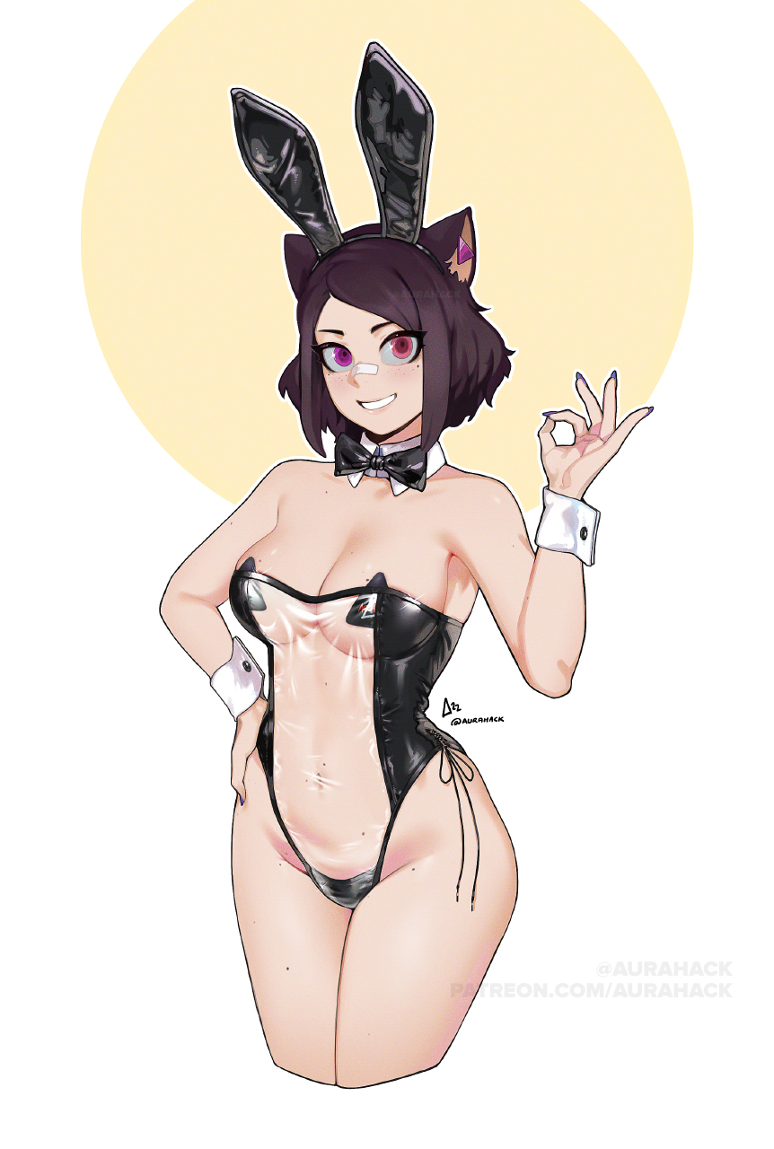 ascari_megane_(aurahack) aurahack breasts bunny_ears bunnysuit gris_swimsuit pasties transparent_bunnysuit