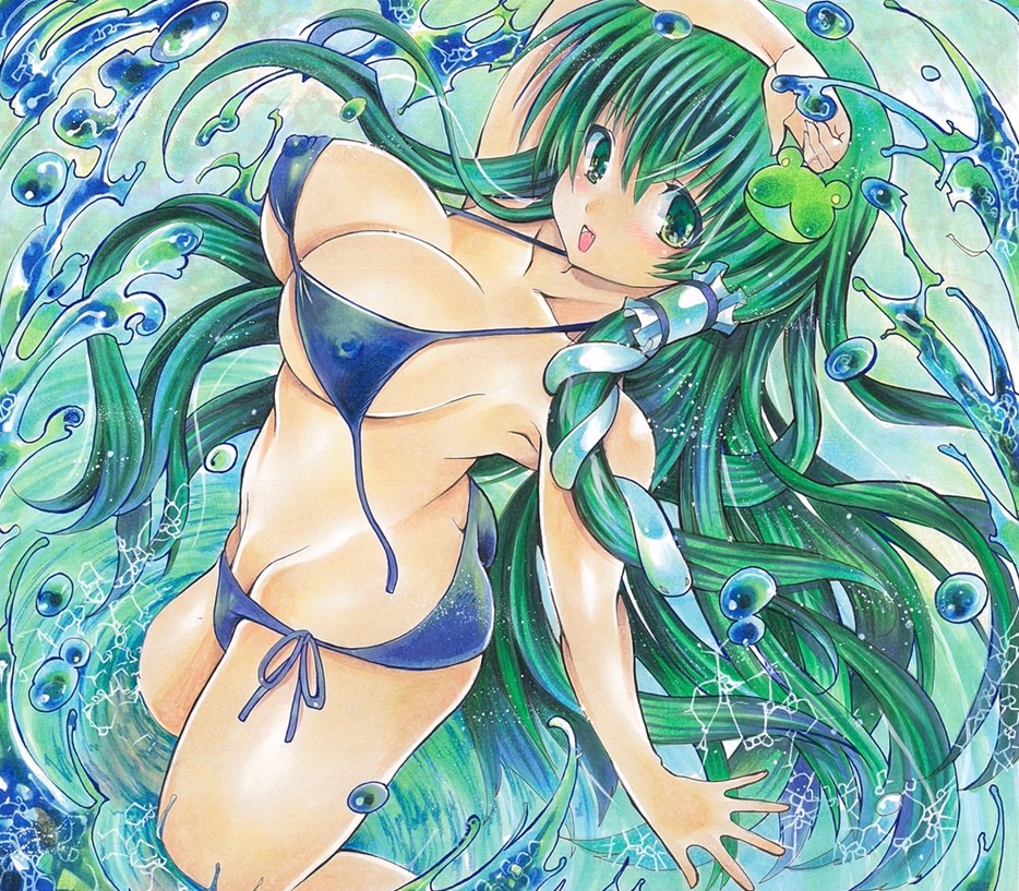 bikini blush breasts cleavage covered_nipples female from_side green_eyes green_hair hair_ornament large_breasts long_hair looking_at_viewer open_mouth sanae_kochiya sideboob solo swimsuit touhou twobee very_long_hair