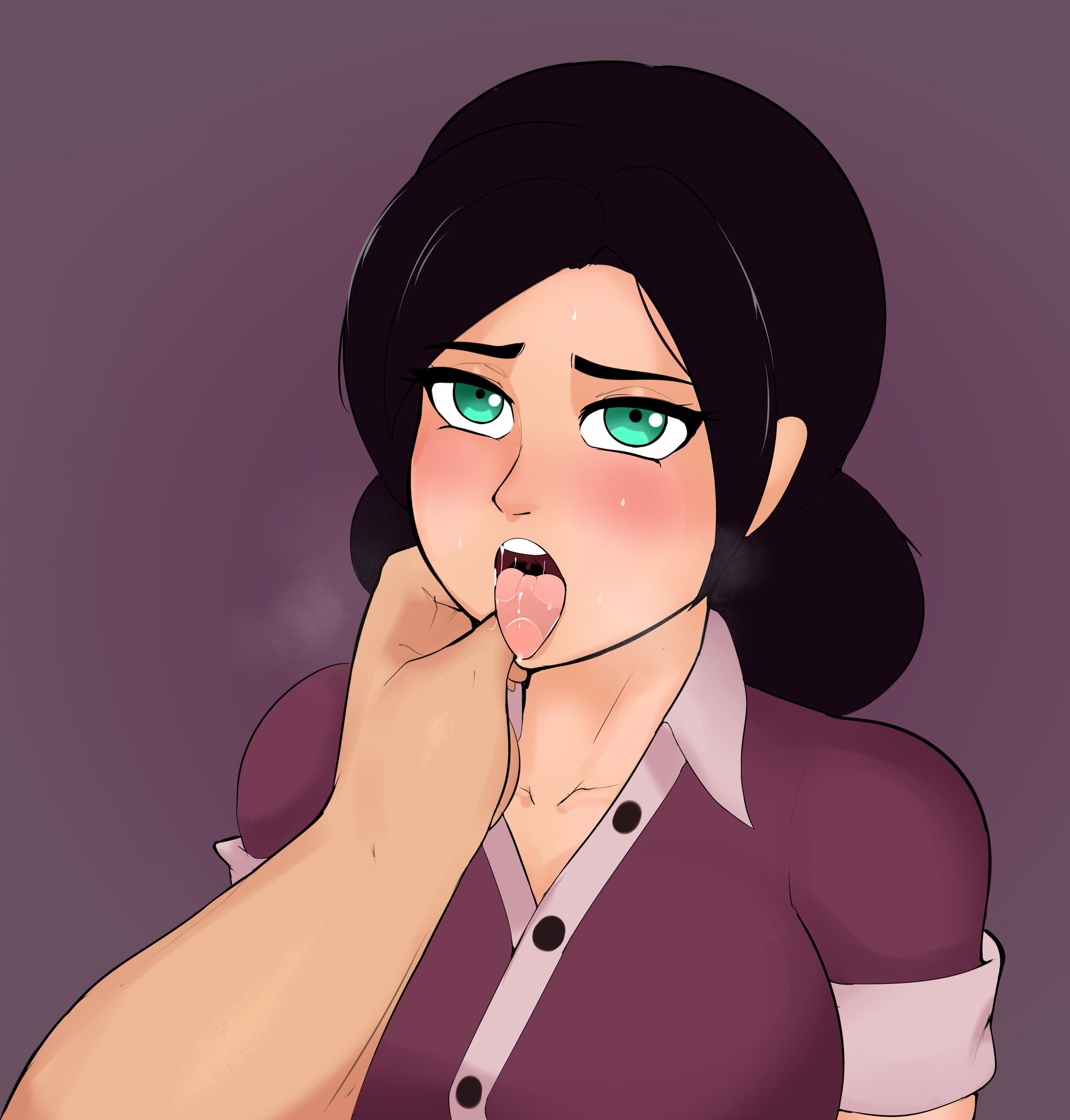 1boy, 1girls, black hair, buttons, female, g3mma, glasses removed, male, miss pauling, open mouth, saliva, straight, tagme, teal eyes, team fortress 2, thumb in mouth, tongue, tongue out