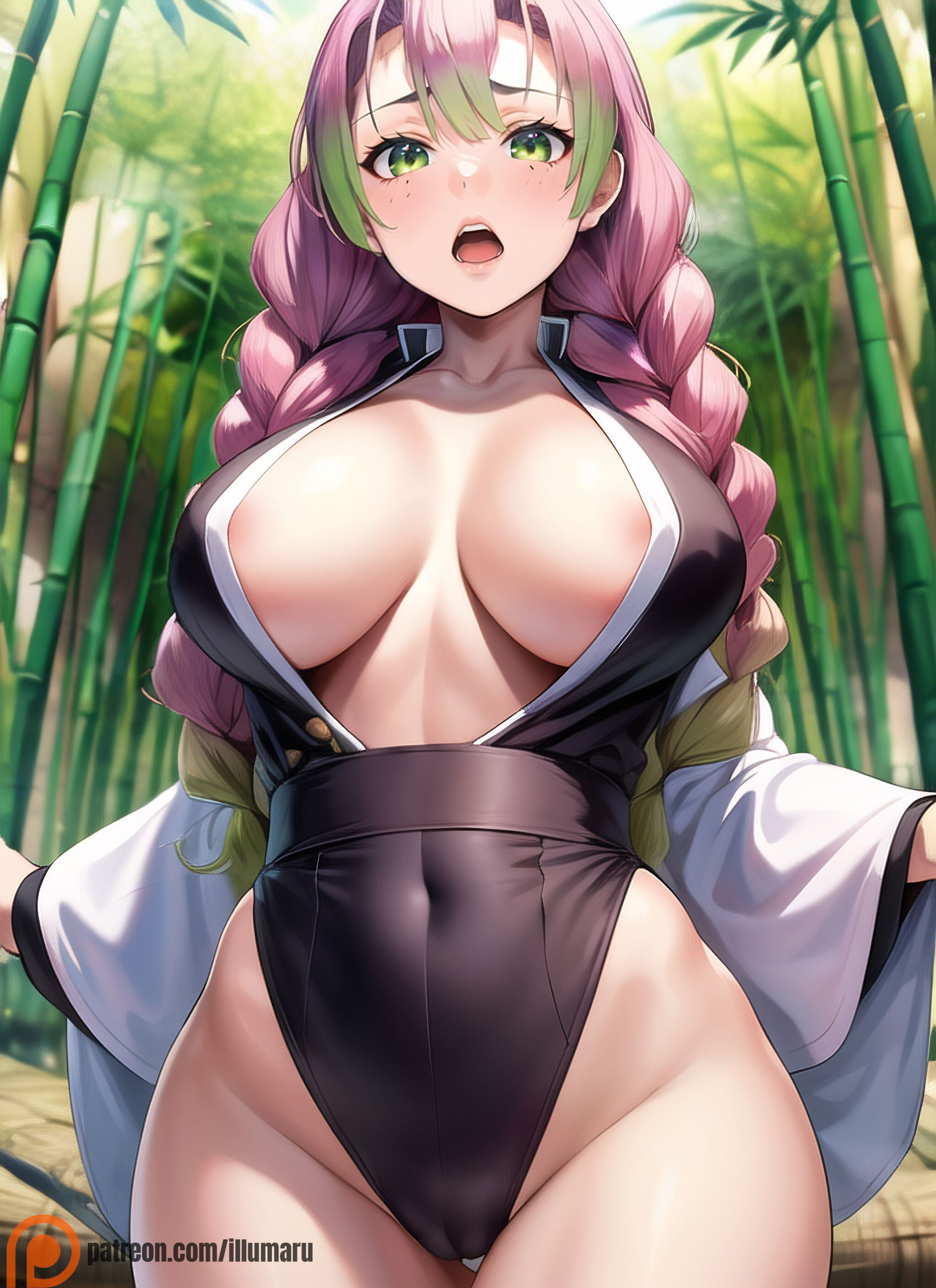 ai generated, big breasts, braid, braided hair, braids, breasts, demon slayer, female, green eyes, green hair, illumaru, kanroji mitsuri, kimetsu no yaiba, multicolored hair, pink hair, two-tone hair