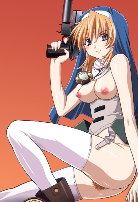 1girls accurate_art_style blonde_hair blue_eyes blush boots bottomless breasts chrono_crusade cocked_hammer garter_straps gun habit handgun jewelry kuroda_kazuya m1911 necklace nipples nun nun's_habit official_art photoshop pistol pocket_watch pubic_hair rosette_christopher sitting smile solo thighhighs uncensored watch weapon white_legwear