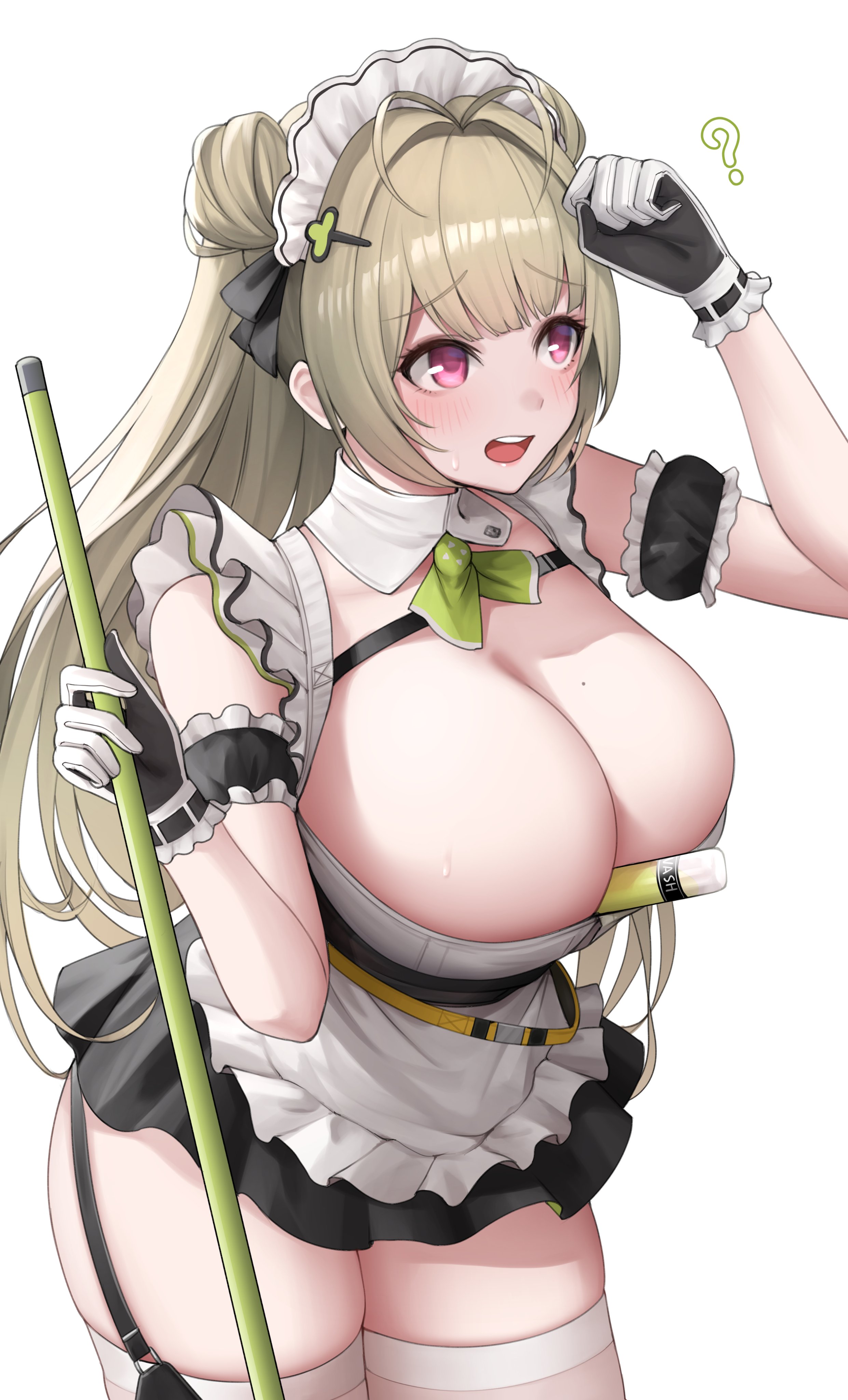 ?, 1girls, 2023, 2d, 2d (artwork), arm cuffs, big breasts, blonde hair, blush, breasts, cleavage, clothed, clothing, dirty blonde hair, eyebrows, eyelashes, female, female focus, female only, gloves, goddess of victory: nikke, hair ornament, hi res, highres, kuronerinka, large breasts, maid, maid headdress, maid outfit, maid uniform, mop, object between breasts, open mouth, pink eyes, simple background, skirt, soda (nikke), solo, solo female, solo focus, stockings, thighhighs, white background, white thighhighs