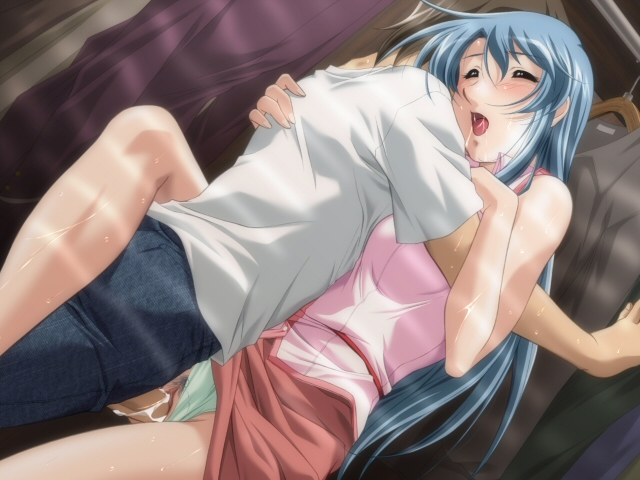 blue_hair blush closed_eyes cum cum_inside female game_cg green_panties hug long_hair male open_mouth panties panties_aside penis pussy pussy_juice sagara-san'chi_no_etsuraku_life sagara_arisa sagara_family saliva sex skirt straight sweat uncensored underwear vaginal_penetration yamane_masahiro zyx