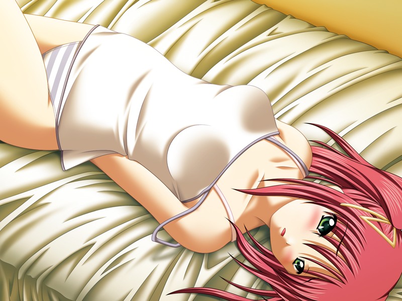 arms_behind_back bed blue_panties blush camisole game_cg green_eyes hair_ribbon imouto_~sweet&amp;bitter~ johnny_alphonce lying on_back panties pink_hair red_hair ribbon short_hair short_twintails strap_slip striped striped_panties tied_hair twintails underwear