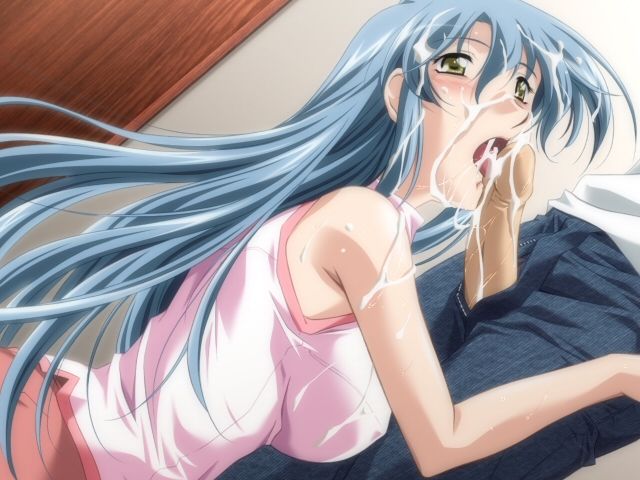 blue_hair blush cum cum_on_hair facial game_cg green_eyes licking long_hair penis sagara-san'chi_no_etsuraku_life sagara_arisa sagara_family saliva solo uncensored yamane_masahiro yellow_eyes zyx