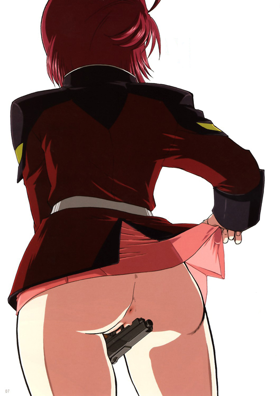 anus ass belt crotch_rub female firearm firearm_insertion from_behind gun gun_in_pussy gundam gundam_seed gundam_seed_destiny handgun lunamaria_hawke military military_uniform no_panties pussy red_hair short_hair skirt skirt_lift solo uncensored uniform weapon