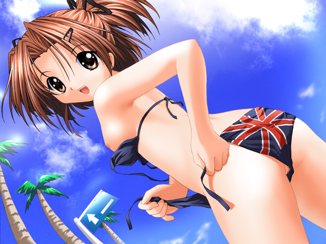 1girls bikini censored female flat_chest game_cg pussy sister_princess solo swimsuit union_jack union_jack_bikini yotsuba_(sister_princess)