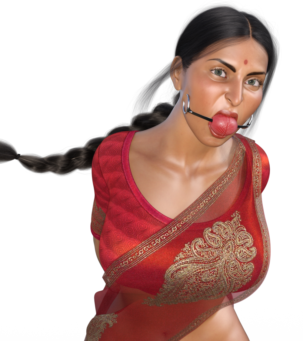 3d angry ball_gag bindi black_hair bondage daz3d gag indian indian_female ponytail red_dress saree tied_up tikka