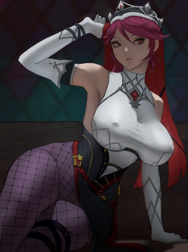 big_boobs big_breasts cleavage clothed crown erect_nipples female female_focus female_only genshin_impact ignite_(artist) looking_at_viewer nipple_outline red_hair red_sclera rosaria_(genshin_impact) solo solo_female solo_focus stockings thick_thighs tight_clothing