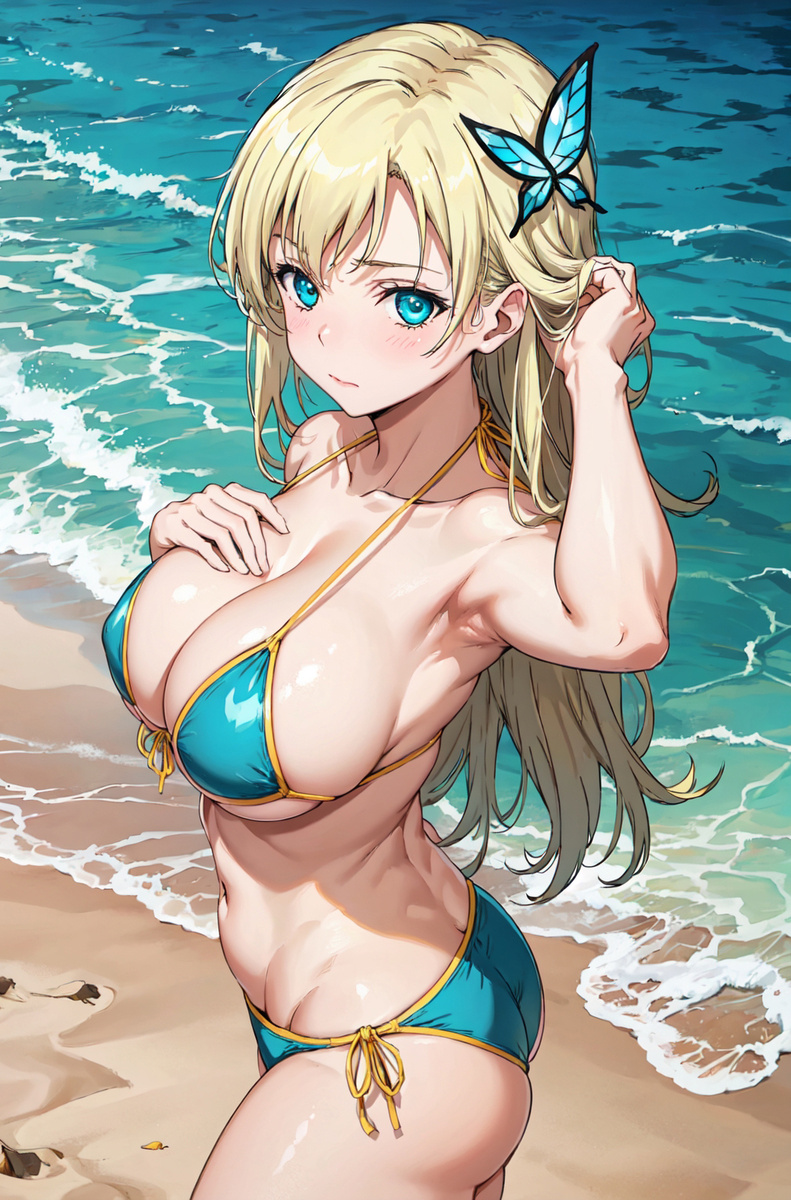 1girls, ai generated, beach, big breasts, bikini, blonde hair, blue eyes, boku wa tomodachi ga sukunai, breasts, curvaceous, curvy female, female, female only, hair ornament, kashiwazaki sena, large breasts, long hair, mako (artist), solo