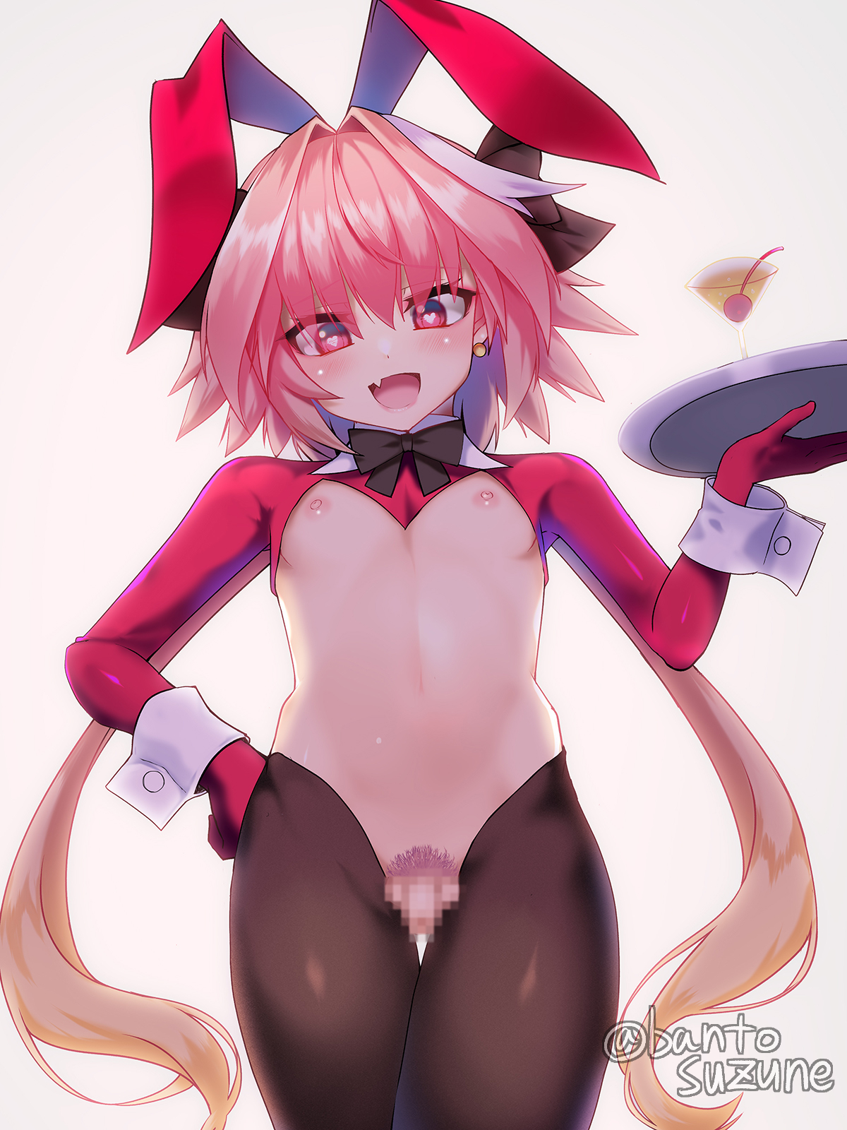 1boy, areolae, artist signature, astolfo (fate), belly button, bow, breasts, bunny boy, bunny ears, bunnysuit, censored, drink, ear piercing, earrings, eyeshadow, fate (series), fate/grand order, femboy, feminine male, heart, heart-shaped pupils, legwear, long hair, male, male focus, male only, male pubic hair, navel, nipples, oerba yun fang, okuri banto, open mouth, penis, piercing, pink eyes, pink hair, pink pubic hair, pubic hair, revealing clothes, ribbon, signature, simple background, small penis, solo, solo focus, thighs, tray, twintails, white hair stripe
