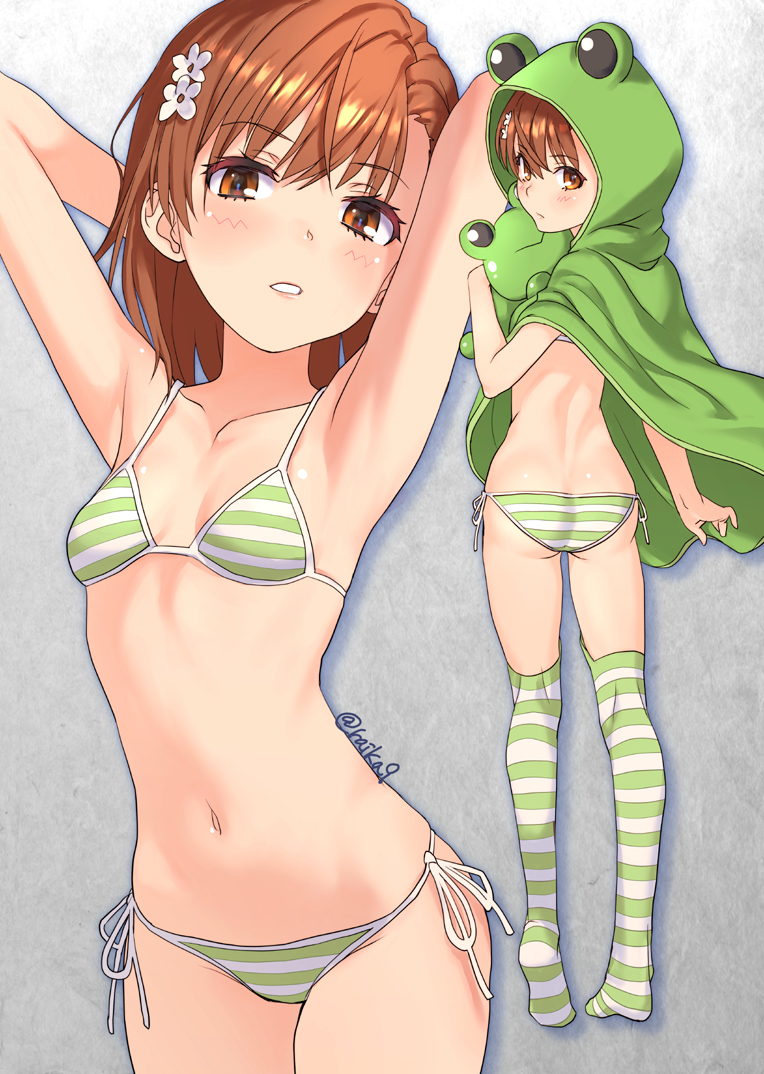 1girls 2020s 2024 armpits arms_behind_head ass back_view big_ass bikini blush frog_hood frog_plushie full_body gekota green_socks holding_object holding_plushie hood looking_to_the_side matching_hair/eyes misaka_mikoto multiple_views navel panties parted_lips petite plushie pose posing raika9 seductive seductive_look sensual sexy_armpits small_breasts socks standing striped_bikini striped_panties striped_socks stripped_socks teenage_girl teenager thigh_socks thighhighs to_aru_kagaku_no_railgun to_aru_majutsu_no_index twitter_username white_socks young