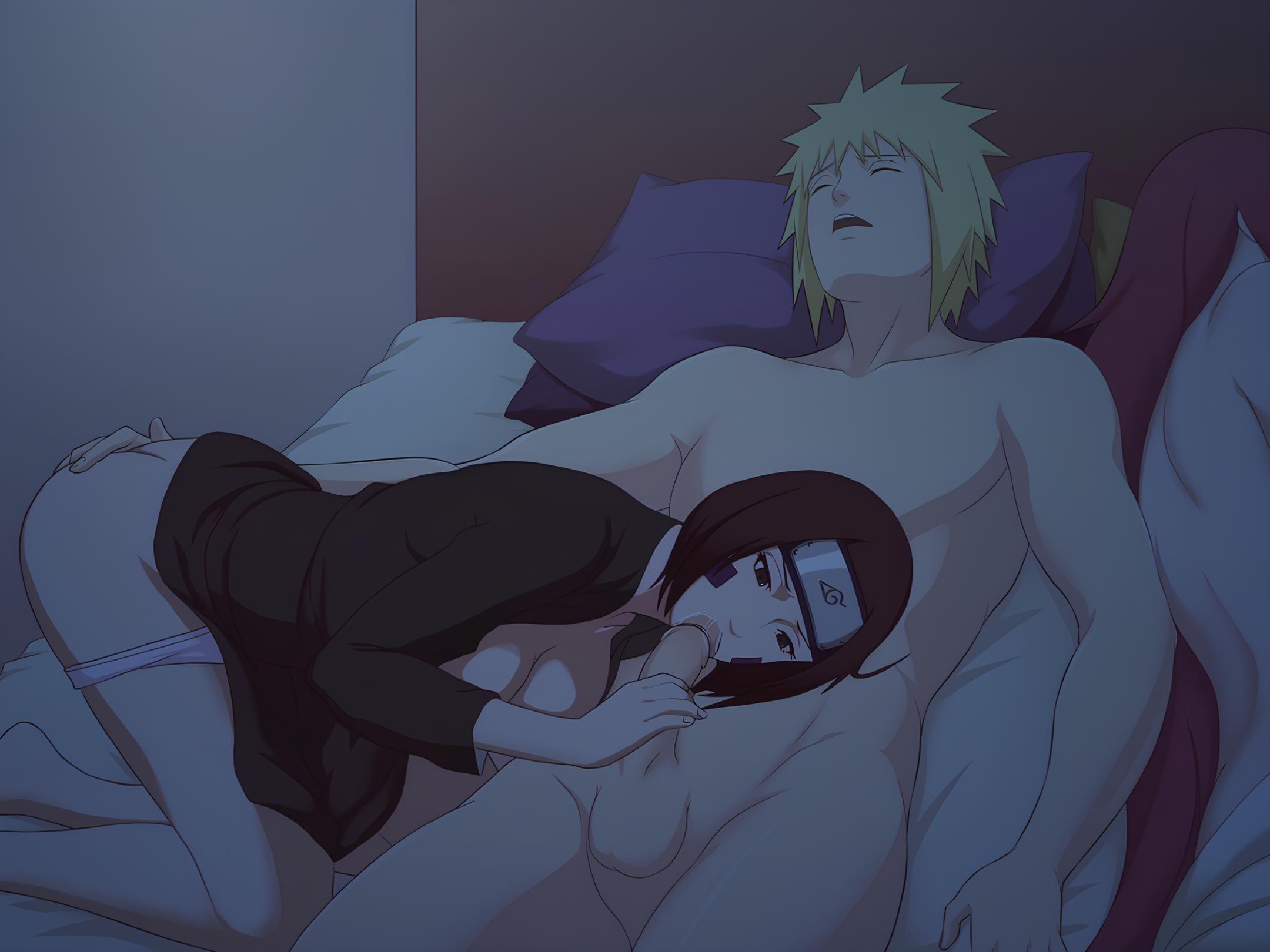 1boy, 2girls, age difference, ass, barefoot, bed, bed sheet, bent over, blonde hair, blowjob, breasts, brown eyes, brown hair, cheating husband, clothing, cucked by student, cuckquean, cum, cum in mouth, ejaculation, facepaint, facial mark, feet, fellatio, female, forehead protector, hand on ass, high resolution, husband and wife, kneeling, long hair, lying, male, milf, multiple females, multiple girls, namikaze minato, naruto, naruto (series), naruto shippuden, night, nohara rin, ntr, nude, nude female, nude male, on side, open clothes, oral, partially clothed, penis, red hair, reverse ntr, sex next to sleeping person, sleeping, sneaky, sneaky sex, soles, student, teacher, teacher and student, uzumaki kushina