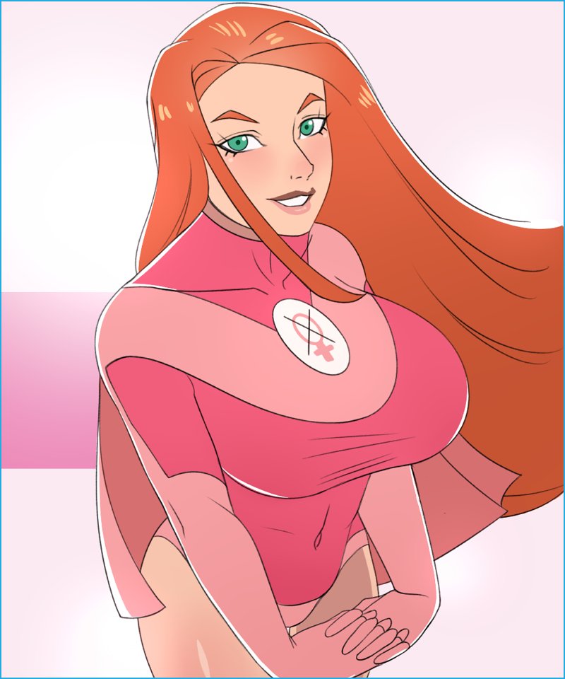 1girls atom_eve big_breasts cape donchibi green_eyes invincible invincible_(comics) invincible_(tv_series) leotard long_hair looking_at_viewer pink_outfit solo