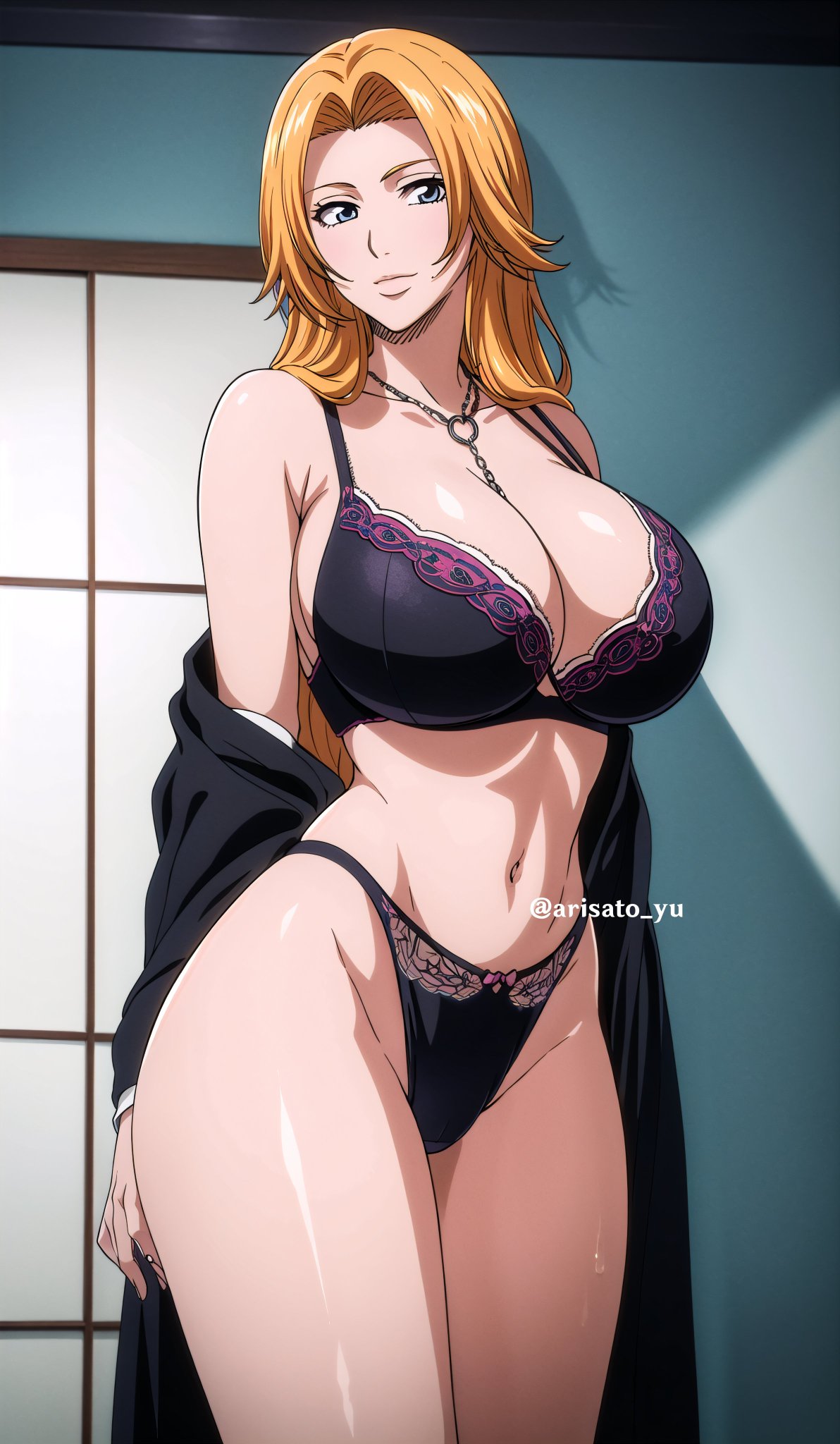 1girls, ai generated, arisato yu, black bra, black lingerie, black panties, black thong, black underwear, bleach, blue eyes, bra, breasts, cleavage, clothing, female, high resolution, huge breasts, jewelry, large breasts, lingerie, long hair, looking at viewer, matsumoto rangiku, mature, mature female, nai diffusion, necklace, open clothes, open robe, orange hair, pantsu, smile, stable diffusion, thong, underwear, undressing, voluptuous, watermark