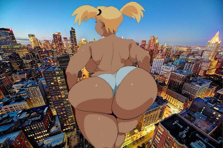 back_view batman_(series) big_breasts dc dc_comics dcau giantess harleen_quinzel harley_quinn harley_quinn_(classic) huge_ass nyc panties twintails